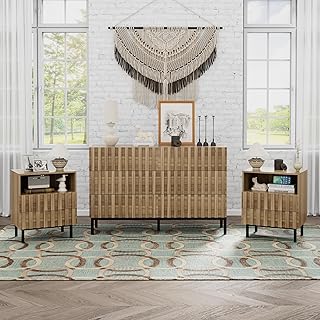 UEV 3 Piece Dresser and Nightstand Sets for Bedroom, 43" Matching Fluted 6 Drawer Dresser & Nightstand Set of 2, Mid Century Wooden Bedroom Set, Modern Furniture Set (Natural Wood