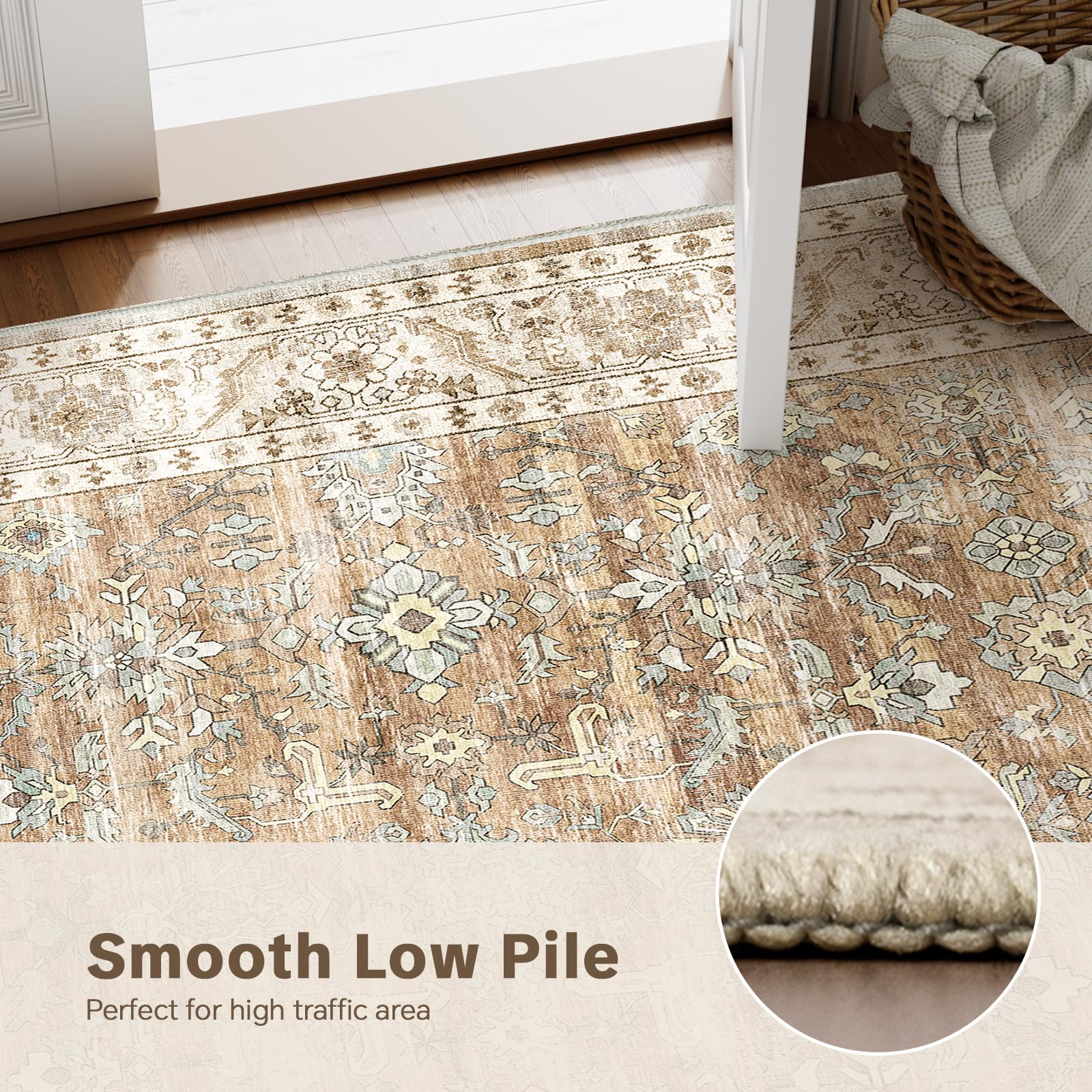 HOMFINE Vintage Tapis Salon Beige Marron 160x230 cm - Lavable en Machine Antidérapant Poil Court Doux Grand pour Chambre Salle à Manger Couloir