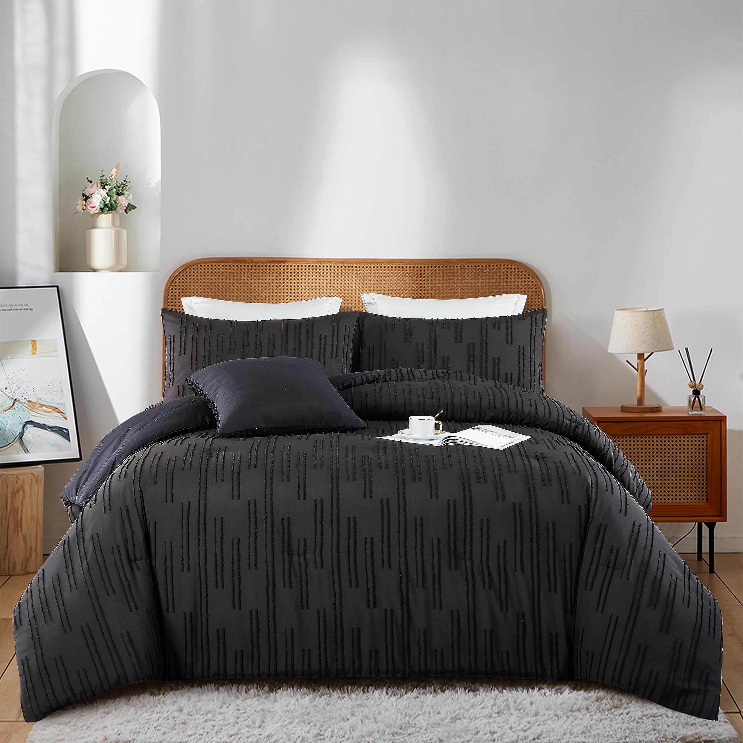 Ikawaapurry Sage Black Queen Size Comforter Set for Queen Bed Farmhouse Boho Bedding Comforter Sets Fluffy Lightweight Flowers Plants All Season 3 Pieces Comforter