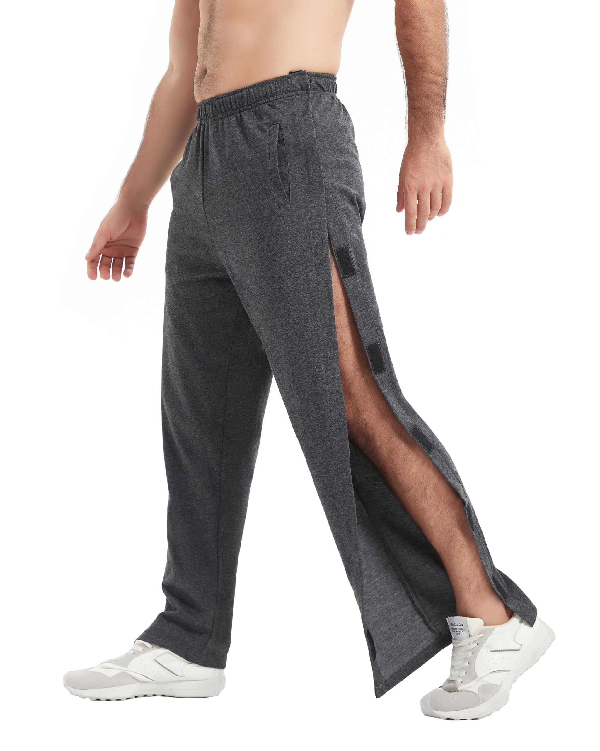 WZIKAI Men's Tear Away Pants Casual Side Snap Open Sweatpants Loose Fit Post Surgery Pants with Pockets
