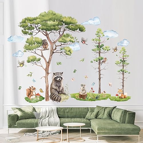 Calcomanías de pared de animales del bosque, calcomanías de pared de árbol del bosque, mapache, zorro, conejo, búho, decoración de pared, acuarela,