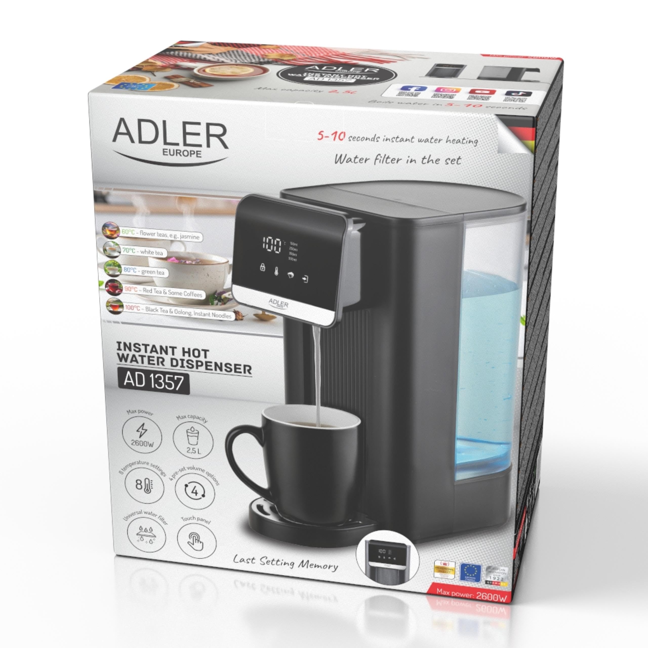 ADLER EUROPE Dystrybutor do gorącej wody, dozownik do przefiltrowanej gorącej wody, filtr do wody, max 2,5L, min 0,5L, 2600W, 8 temperatur, gorąca woda w kilka sekund, energooszczędny, LCD