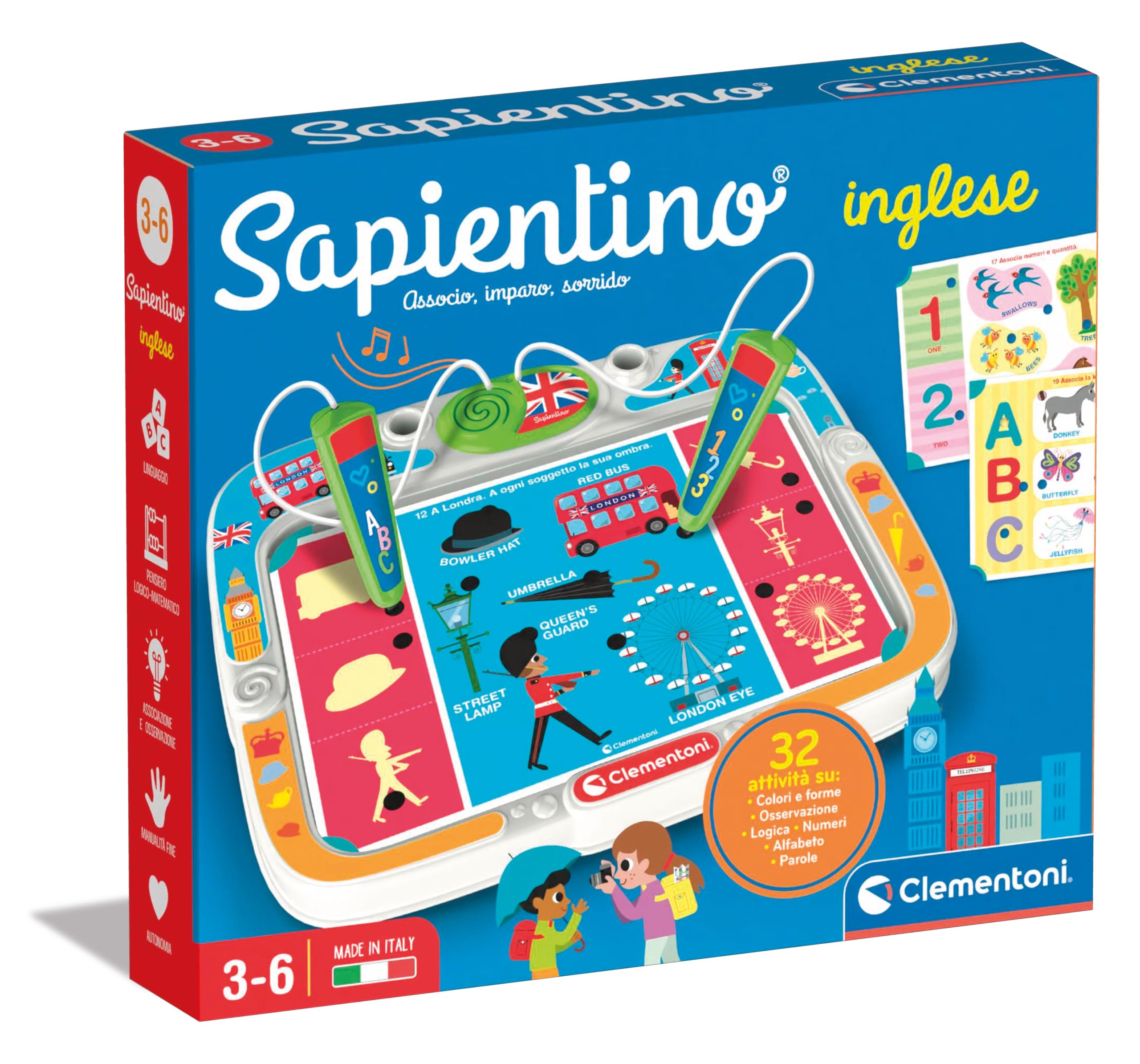 Clementoni Sapientino - Inglés, juego educativo con bolígrafos parlantes niños de 3 a 6 años, con 16 cartas y más de 32 actividades para aprender voaboles ingleses, fabricado en Italia, idioma