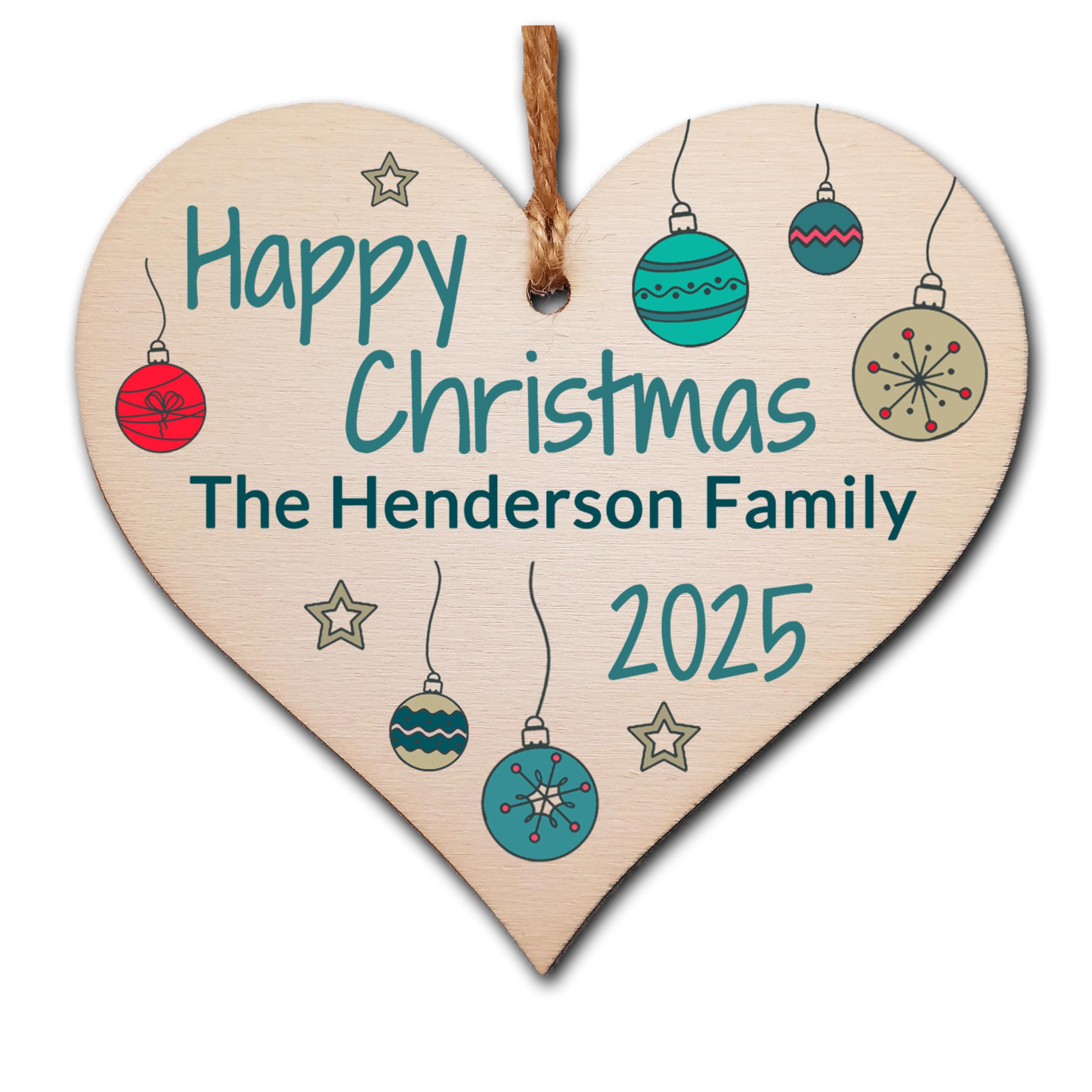 The Plum Penguin Baubles Personalised Handmade Wooden Hanging Heart Plaque Christmas Tree Bauble 2025 Happy Christmas Family Celebration Decoration