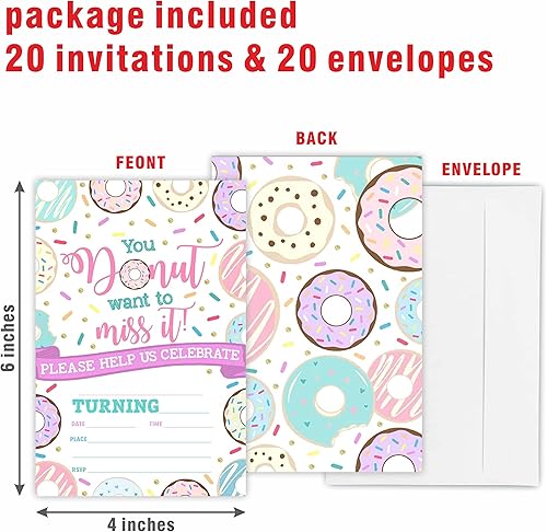 Miniatura 2 de Donut Want To Miss It Invitación de fiesta de cumpleaños, tarjetas de invitación temáticas de donas (20 unidades) con sobres, tarjetas de invitación