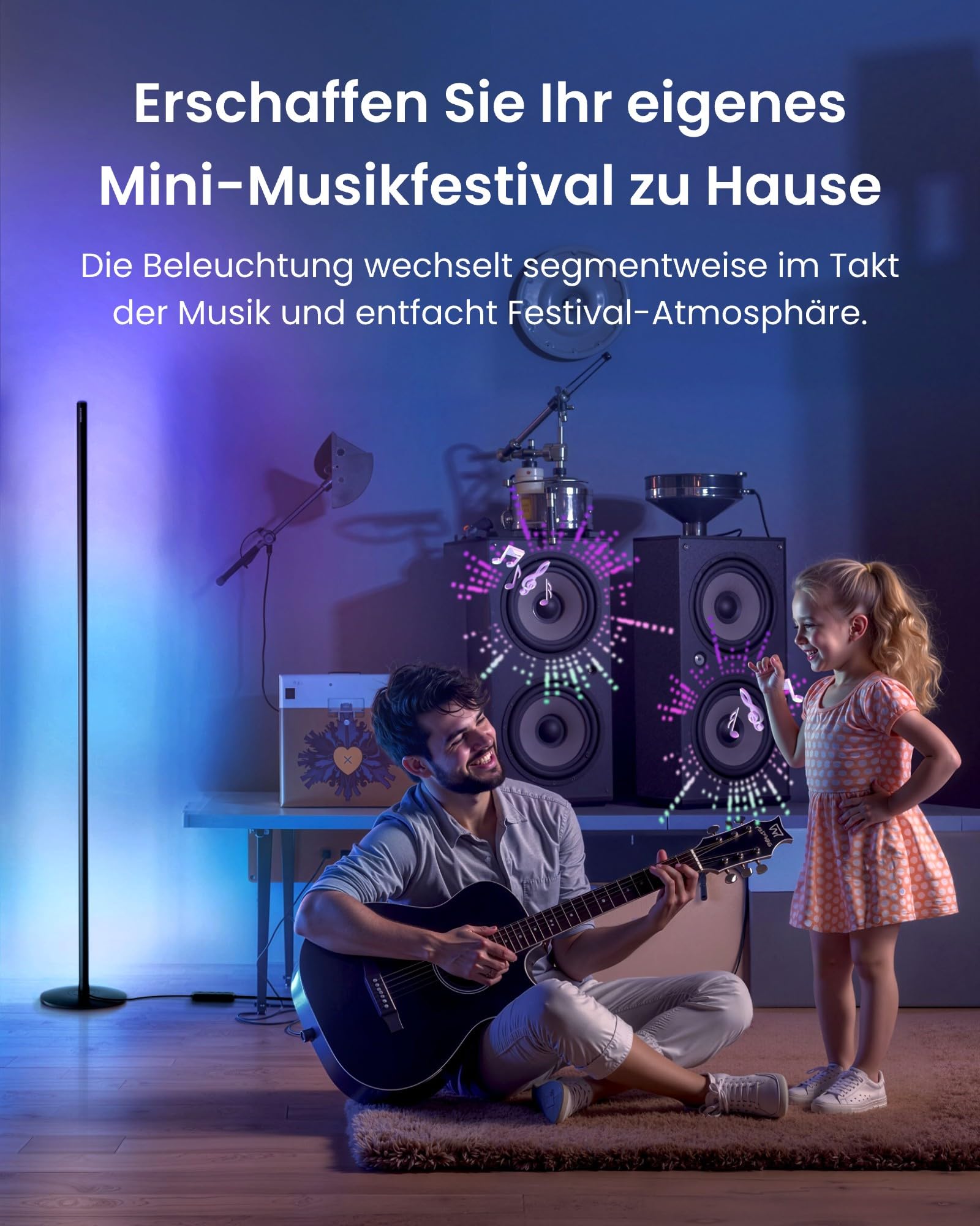 SwitchBot Matter RGBICWW Stehlampe Wohnzimmer, Warm- & Kaltweiß, Floor Lamp Dimmbar mit Apple Home, Alexa, Google Home, APP-Steuerung, Musikmodi, Szenenmodi, LED Stehlampe Schwarz für Schlafzimmer