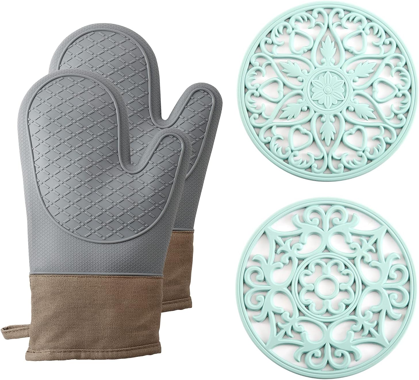 Silicone and Gloves Oven Sets, Mitts Oven Grip Good Lining Soft 600F
