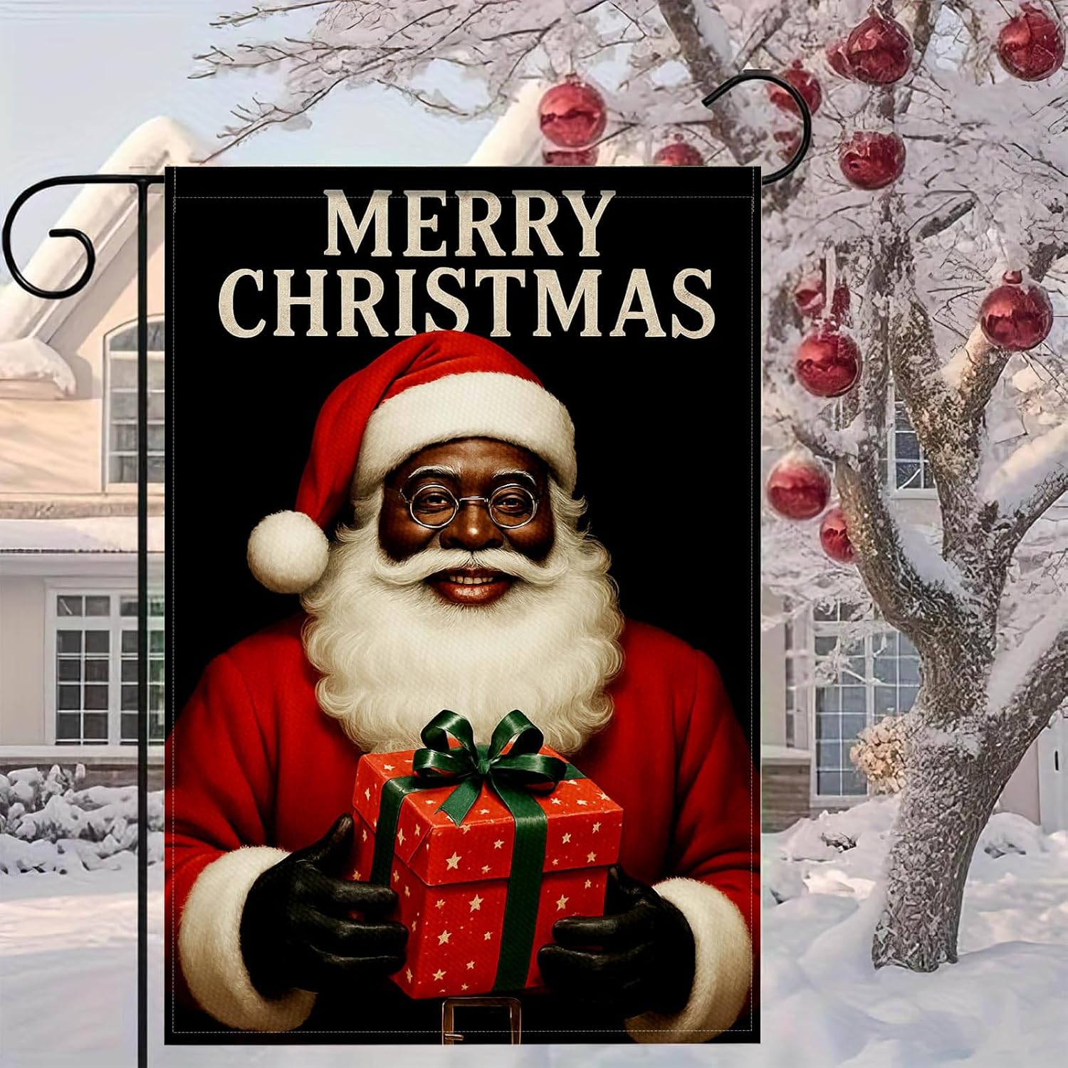 Black Santa Merry Christmas Garden Flag 12x18 Inch Holiday Gift Box Yard Banner Double Sided Seasonal Outdoor Flags Winter Porch Decoration for Lawn Patio Pathway Front Yard - Image 3