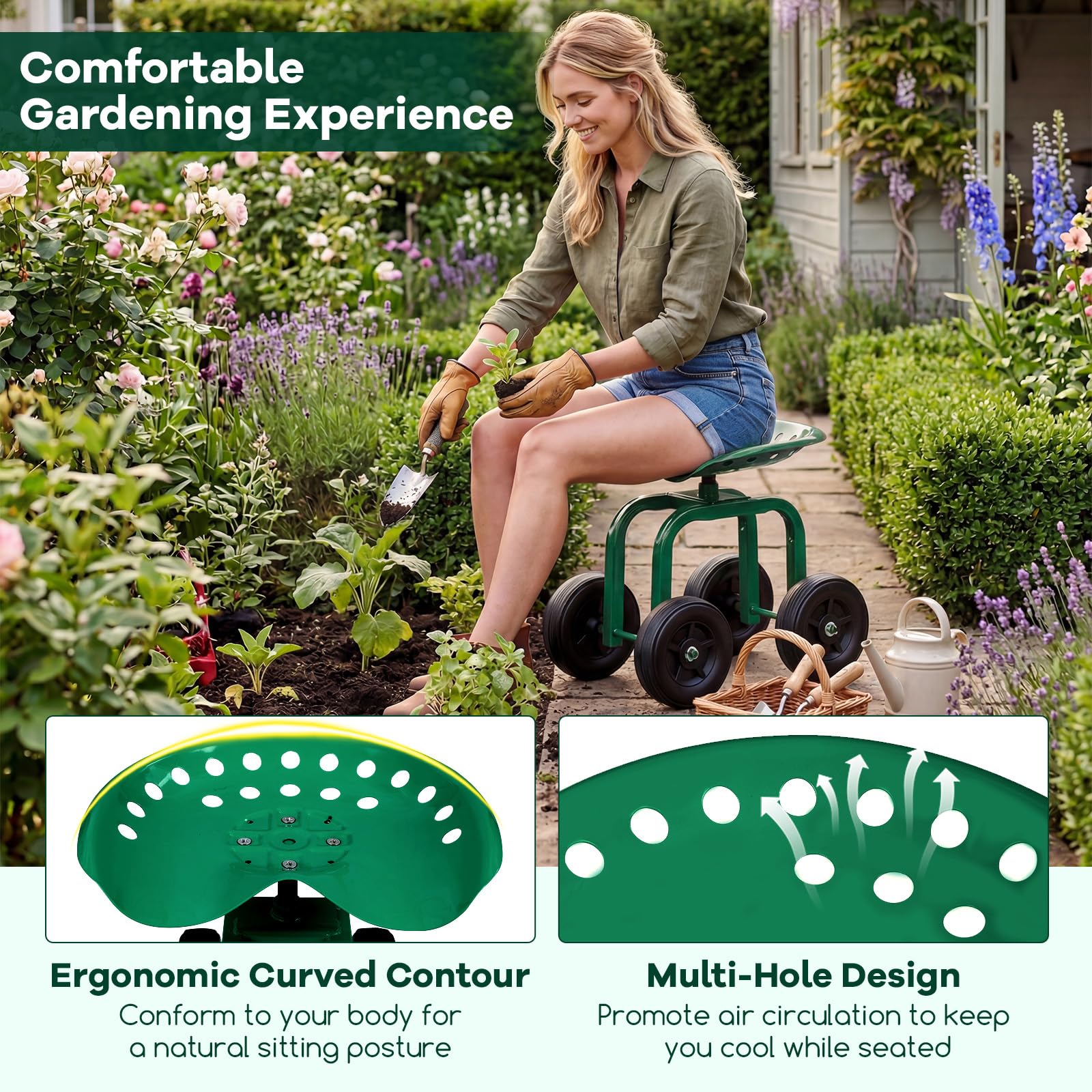 SOARS Siège Roulant de Jardin Pivotant à 360° et Réglable en Hauteur de 40 à 50 CM, Tabouret de Jardinage avec Large Assise, Charge Maximale 150 KG, pour Jardinage et Entretien (Vert)