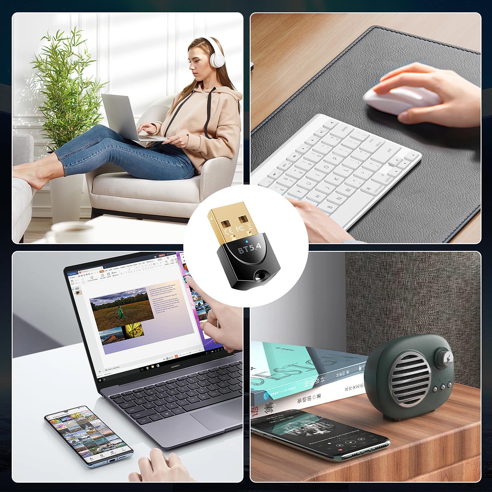 ZEXMTE USB Bluetooth Adapter voor PC 5.4 Bluetooth Dongle Ontvanger Plug -and-Play voor Desktop, Laptop, Muis, Toetsenbord, Headsets, Speakers Ondersteuning Windows 11/10/8.1/7