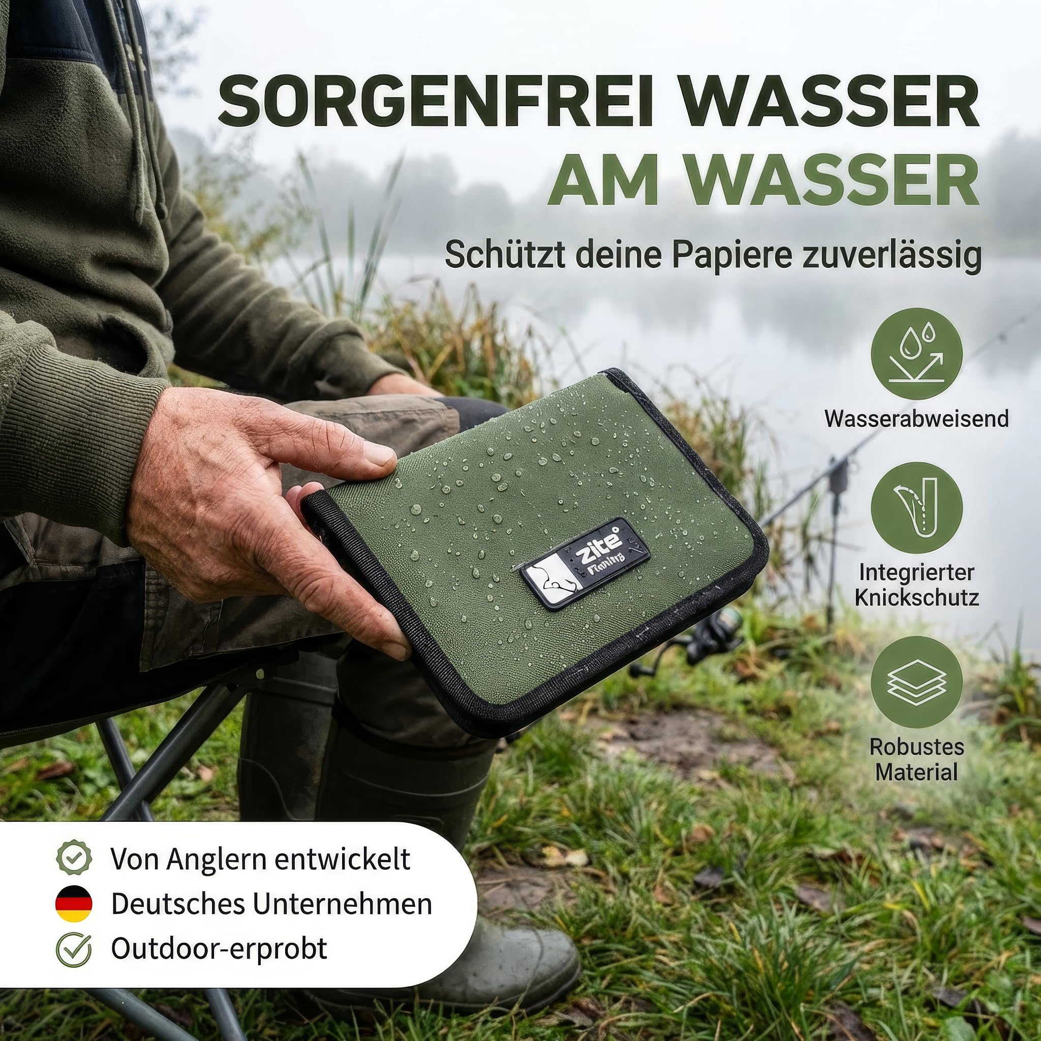 Zite Fishing, custodia per documenti e carte da pesca, 15 x 20 cm, astuccio per carte di pesca e pesca – 2 scomparti + portapenne, verde, Per esterni