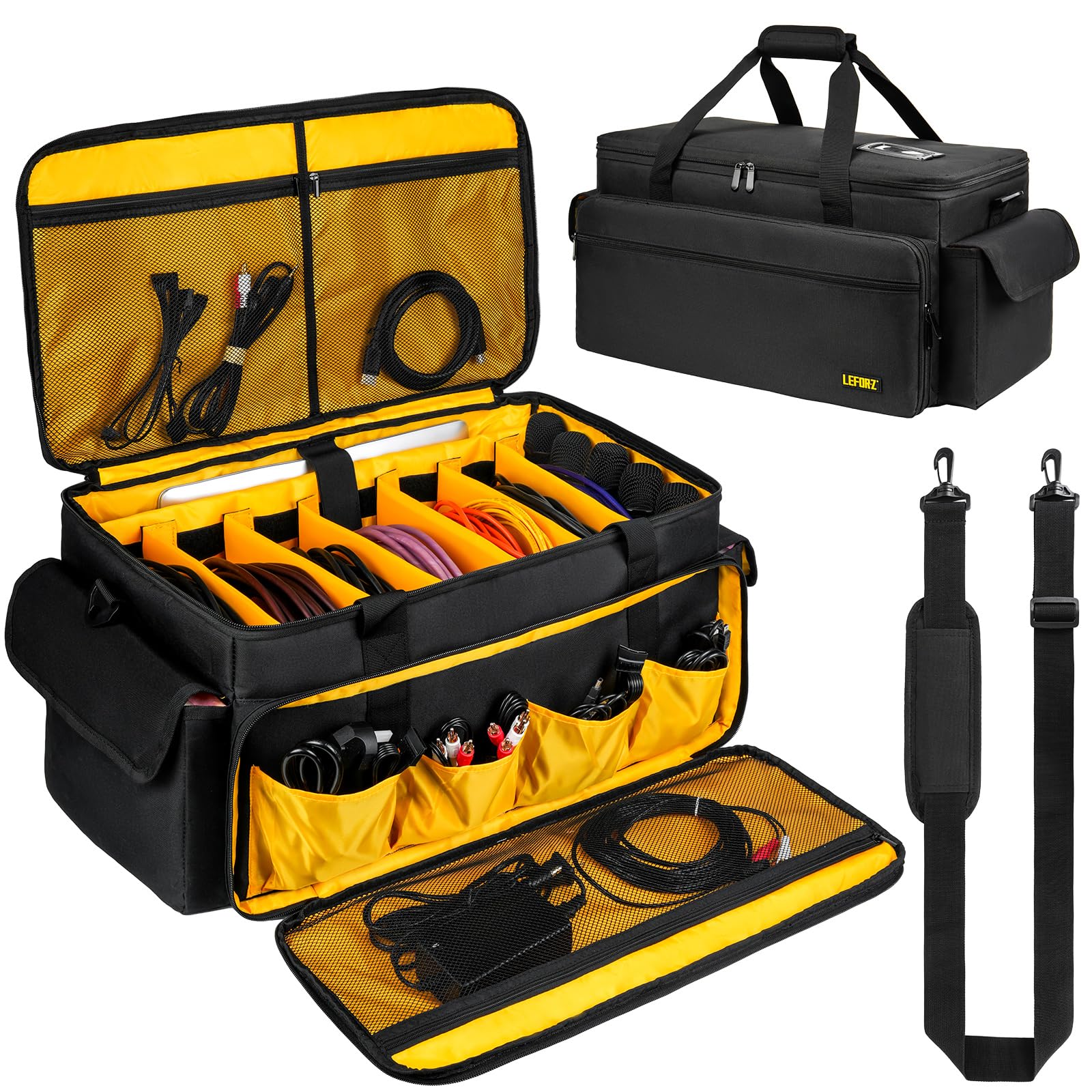 Grand sac pour matériel DJ avec 6 séparateurs amovibles,pochette pour câbles DJ avec emplacements pour ordinateur portable et microphone,sac de rangement pour matériel DJ,musiciens et accessoires