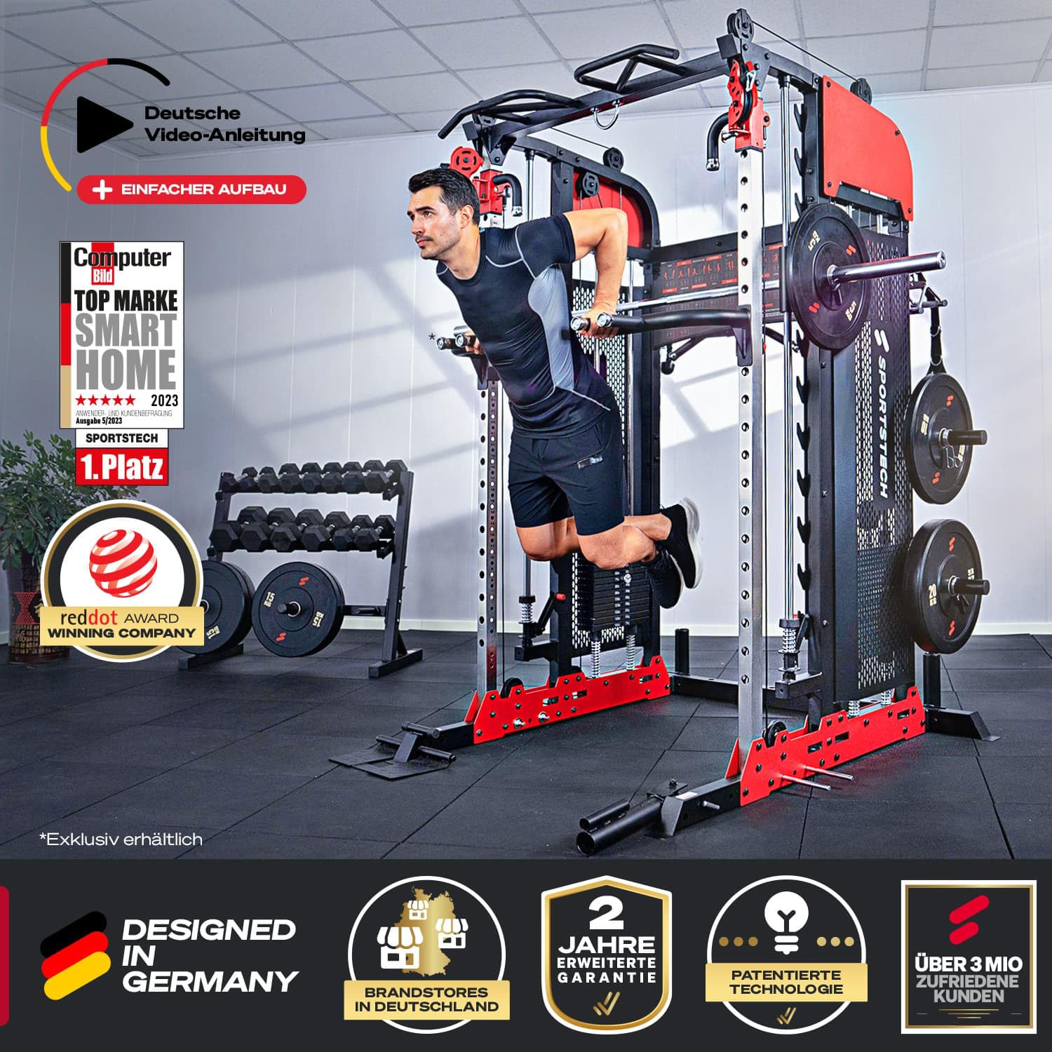 Sportstech SXM200 Smith Machine für Zuhause, Power Rack mit Kabelzug, Klimmzug, Langhantelstange, Bench Press, Multipresse, 140kg Trainingsgewicht, Kraftstation inkl. Griffe, Multifunktional, Home Gym