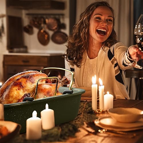 Miniatura 18 de Sartén para asar, 17 x 13 pulgadas con estante extraíble, sartén antiadherente para asar pavo, carne y verduras (dorado)