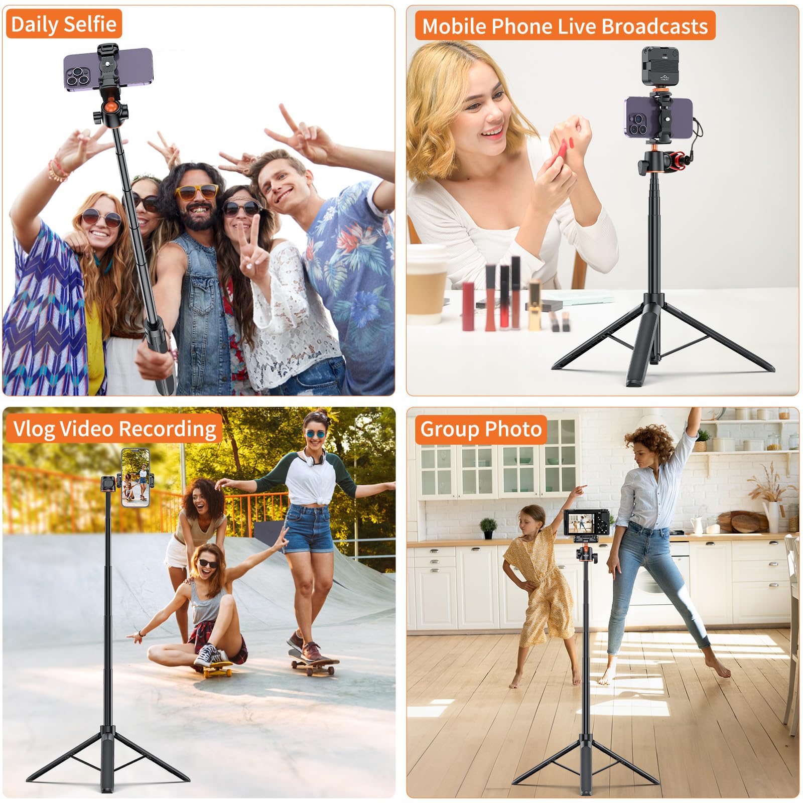 TP-16 140cm/55in Selfie Stick Tod Stand with Flexible Ball Head Phone Holder 1/4 Inch Screw Connection for Smartphone Camera Vlog Live Streaming Selfie Video Recording