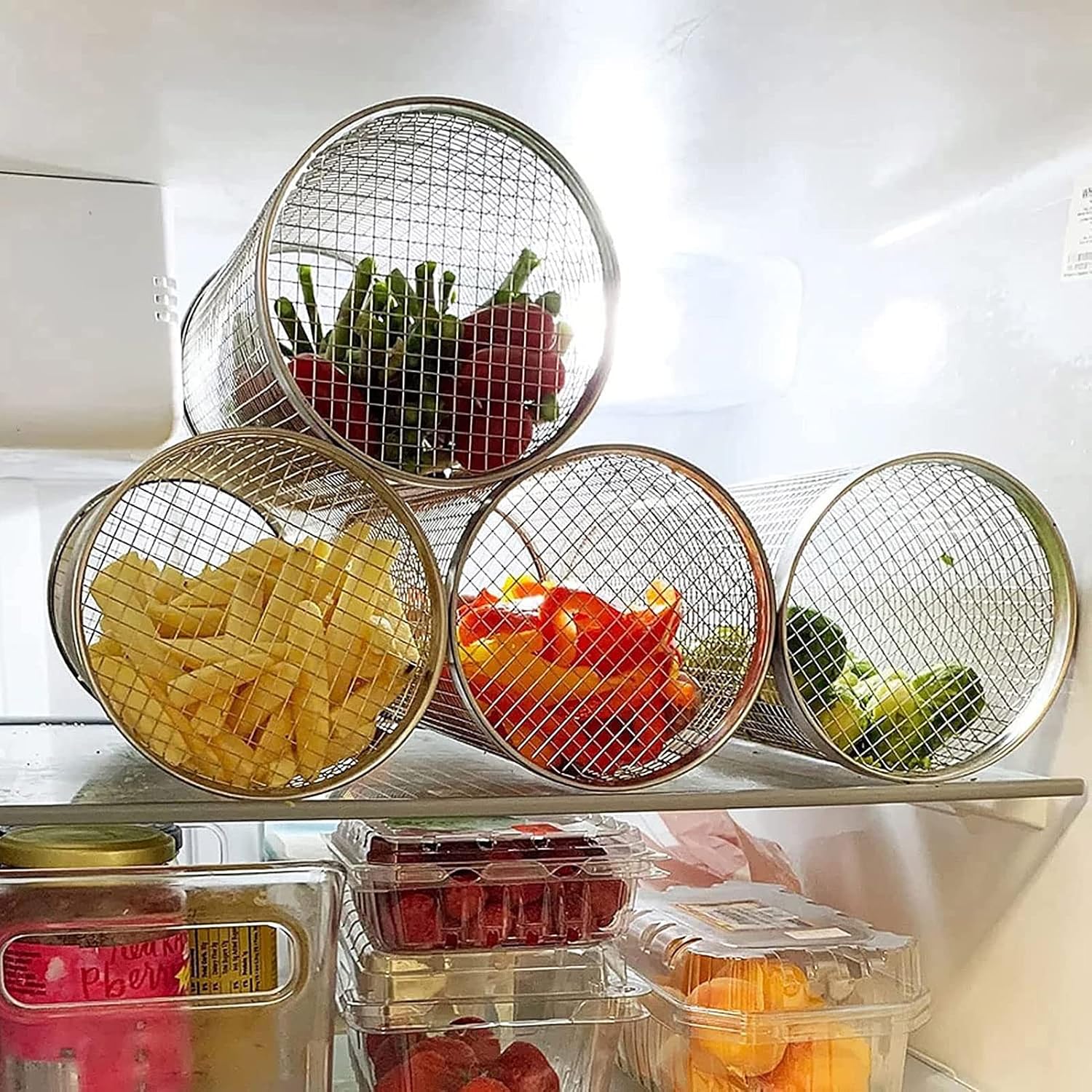 1pc Rolling Grilling Basket,BBQ Net Tube,Stainless Steel Wire Mesh Cylinder Grill Basket,Portable Outdoor Camping Barbecue Baskets for Fish Vegetable