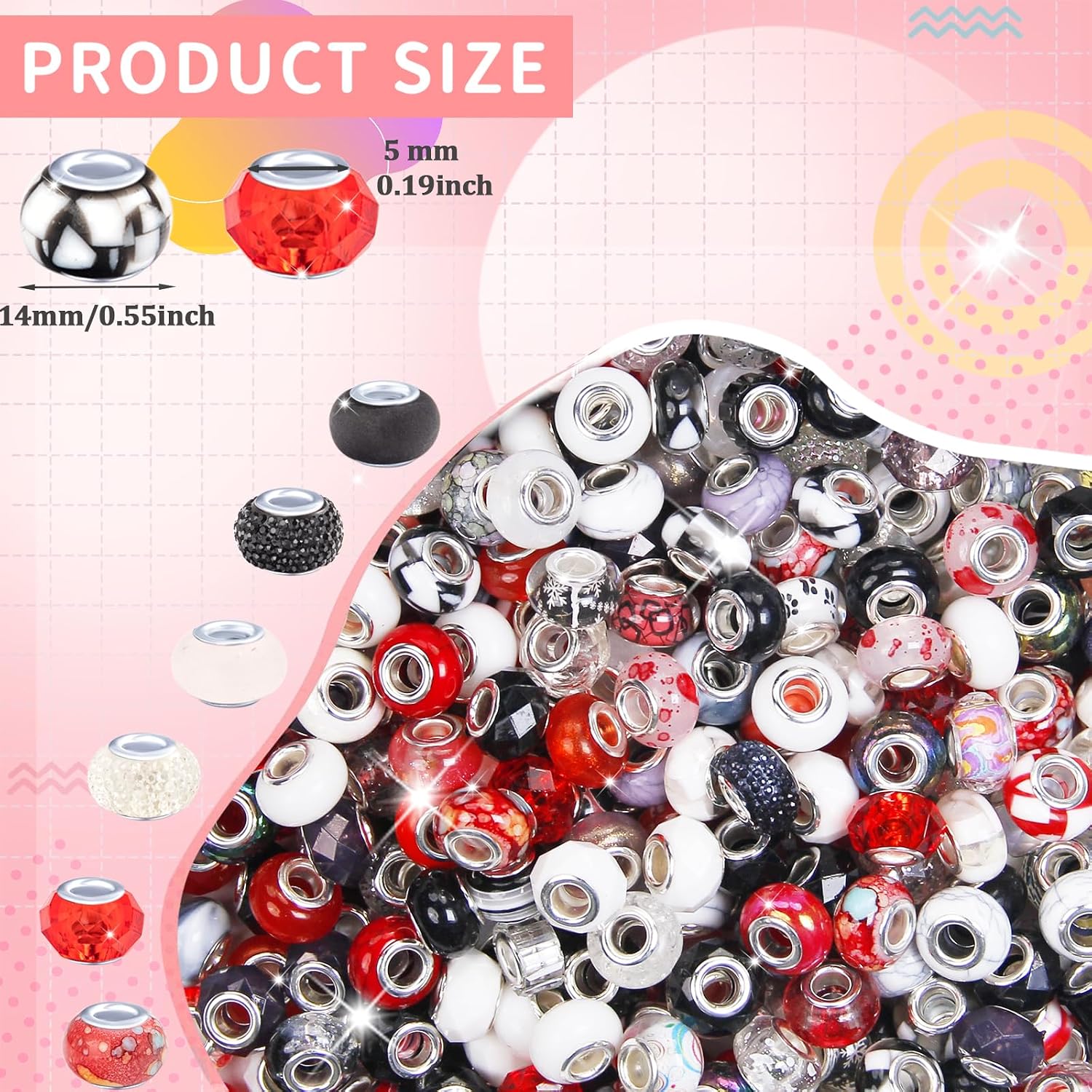 100 Pcs Large Hole Beads Assorted Black White Red European Craft Beads Large Hole Spacer Bead Lampwork Murano Fairy Wand Garden Big Bead for DIY Pen Charm Bracelet Keychain Decorative Jewelry Making