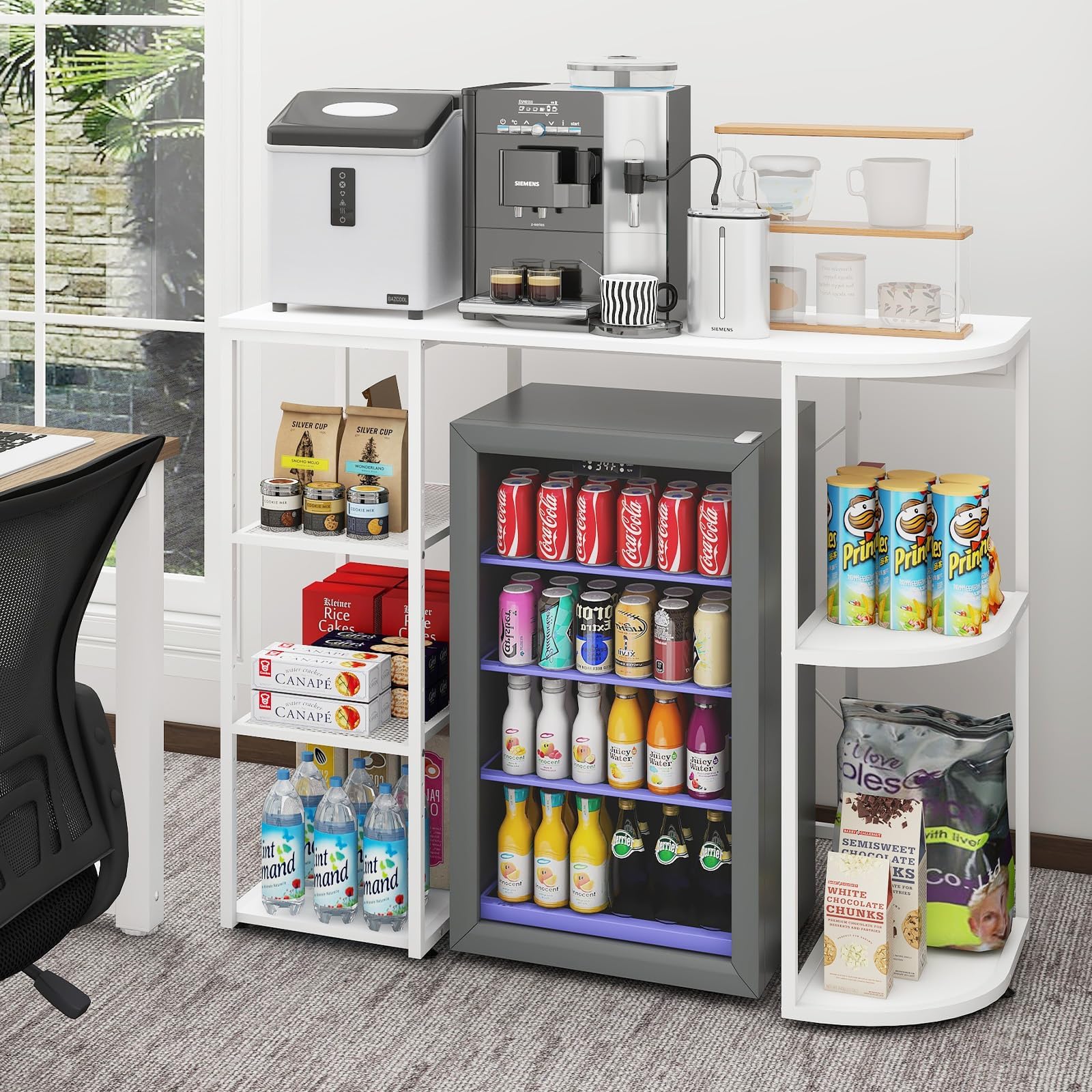 PUNCIA Mini Fridge Stand with Power Outlet, Coffee Bar Cabinet with Refrigerator Space, Microwave Oven Stand & Utility Storage Shelf for Kitchen, Dorm, Apartment & Home Office (White)