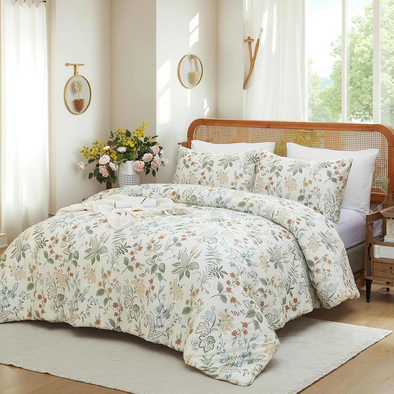 Merryword 100% Cotton Comforter Set King Size 3 Pcs Botanical Comforter Set Nature Floral Bedding with Greenery & Orange Flowers, Soft Breathable Lightweight Comforter Set for Cozy Bedroom Style - Image 7
