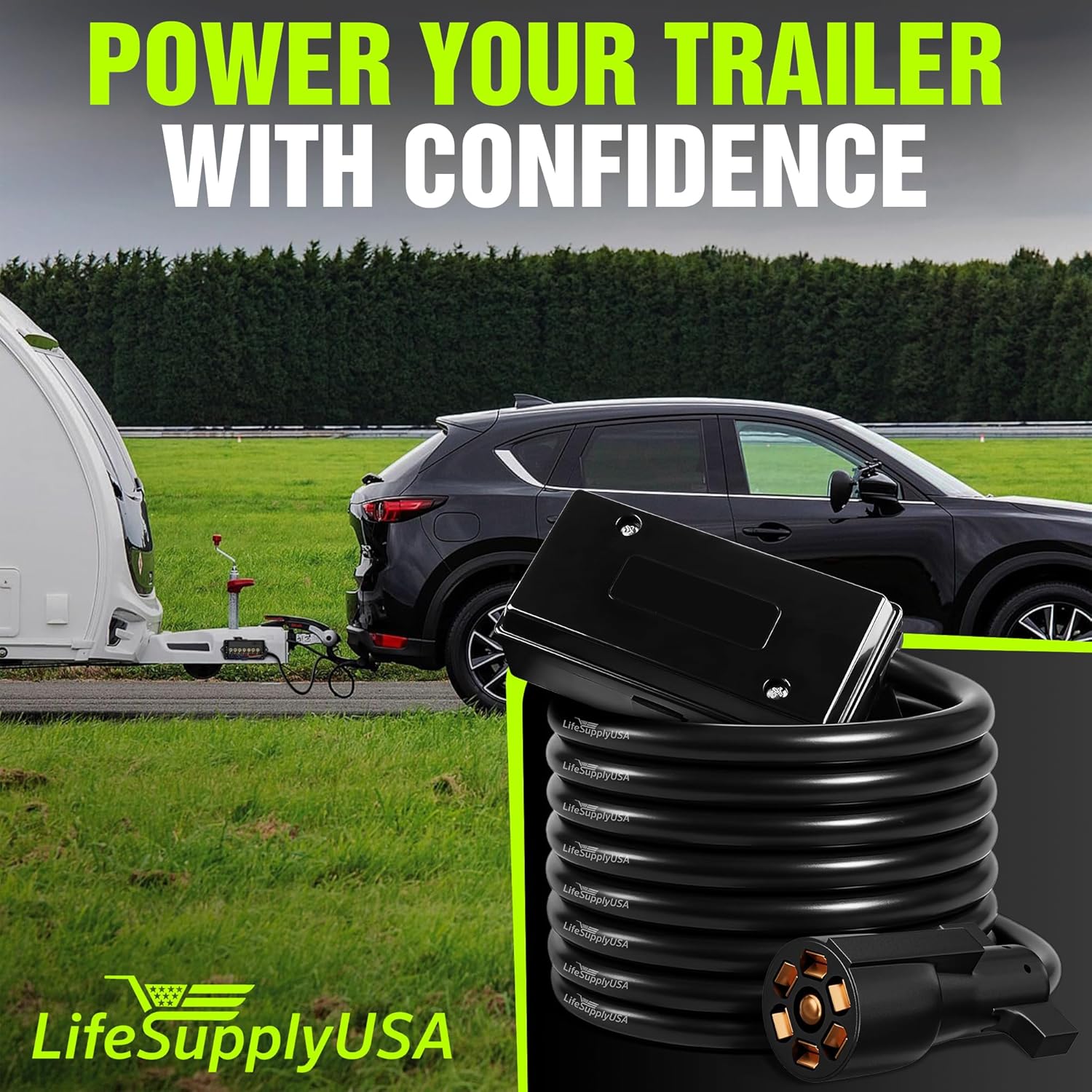 LifeSupplyUSA 7 Way Trailer Plug Heavy Duty Inline Trailer Cord (8ft + Junction Box)
