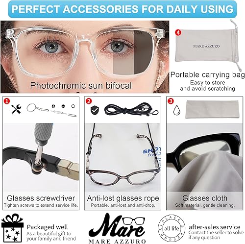 Miniatura 6 de MARE AZZURO Lentes de lectura bifocales fotocromáticos para mujer, con bloqueo de luz azul, cuadrados, para leer 100, 150, 200, 250, 300, 350, 400,