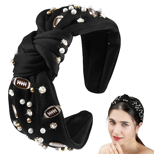 Diademas de fútbol para mujer, con diamantes de imitación y perlas, diadema de fútbol adornada con nudo superior ancho, bandas para la cabeza para