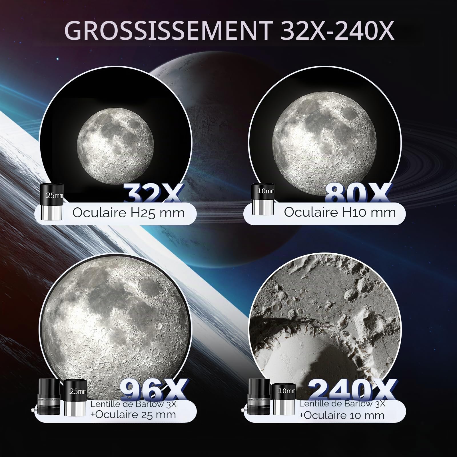 Télescope réfracteur de 800 mm de focale et d'ouverture de 90 mm, idéal pour débutants et Adultes. Grossissement de 32x à 240x. Lentille de Barlow 3X et Adaptateur pour téléphone Inclus (Blanc)