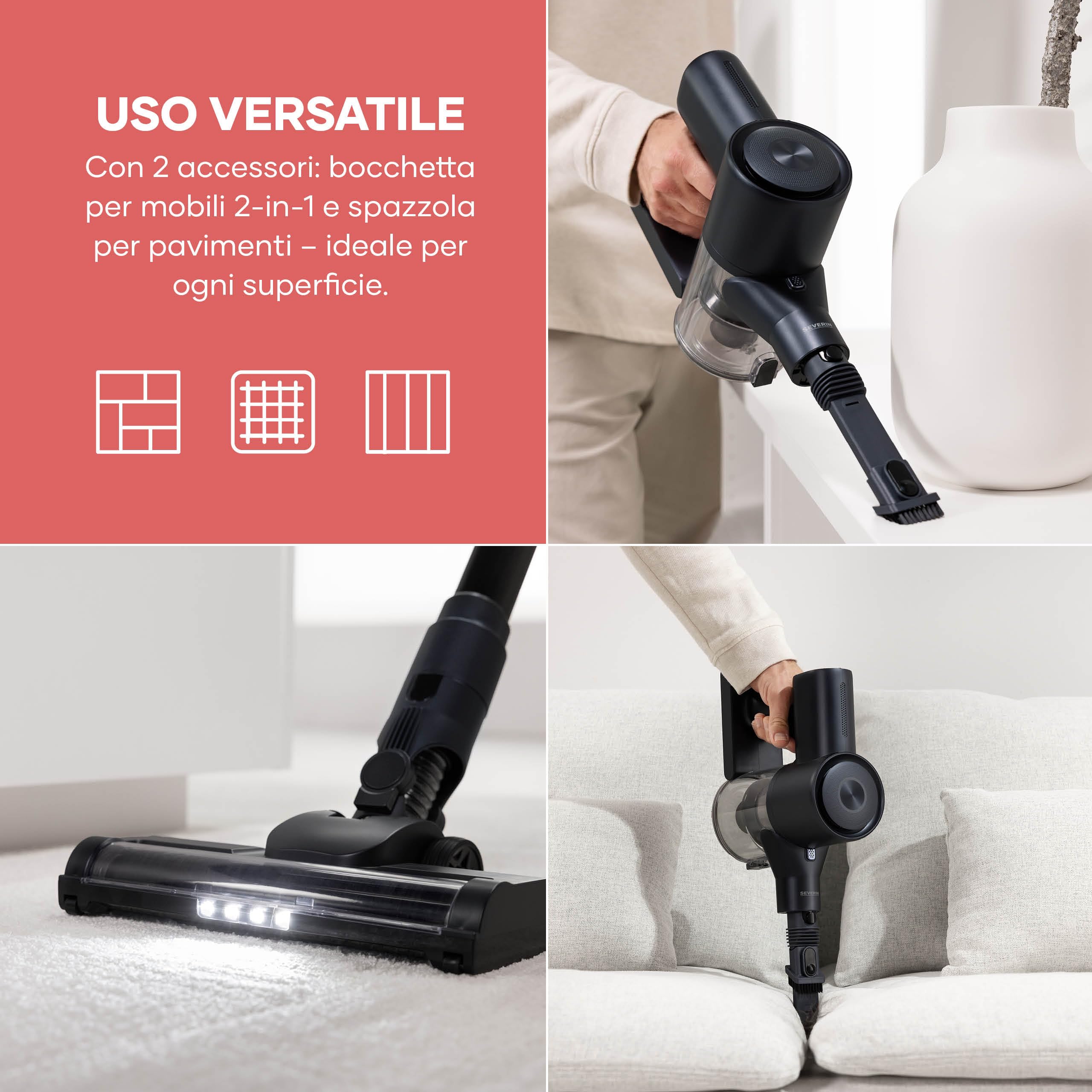 SEVERIN Scopa Elettrica Senza Fili, Leggera 1,5 kg, 130 W, Autonomia 40 Min, Tubo Telescopico Regolabile, Luce LED, 2 Accessori Pavimenti e Mobili, 11000 Pa, S-Power, Nero - HV 7194