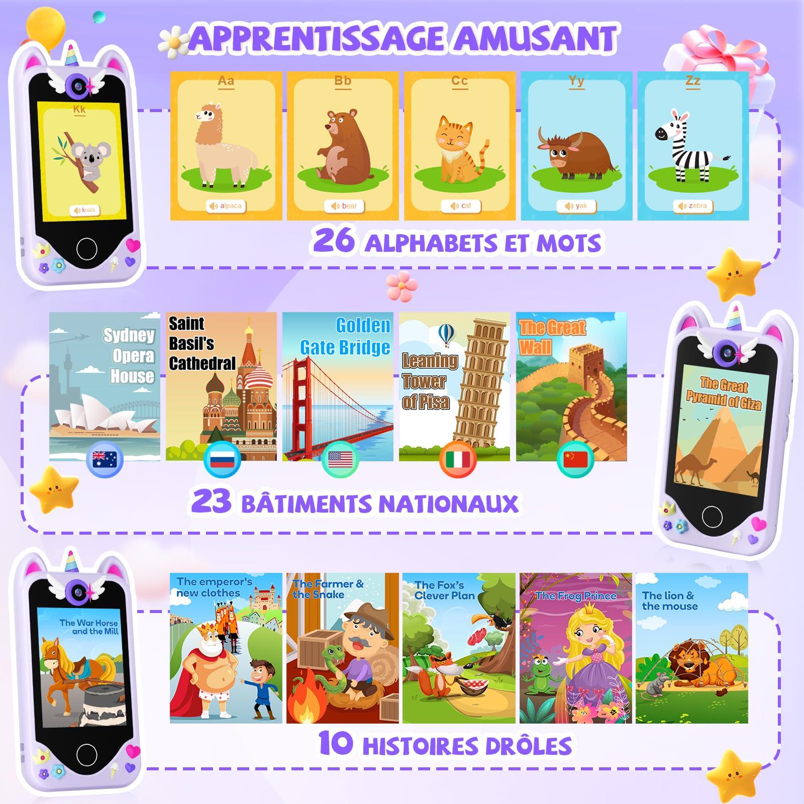 Telephone Portable Enfant Jouet - Téléphone pour Enfant avec écran Tactile, Caméras, Apprentissage Jouet, Jeux avec , Carte SD de 32 Go, Cadeau d'anniversaire pour Les Filles de 3, 4, 5 et 6 Ans