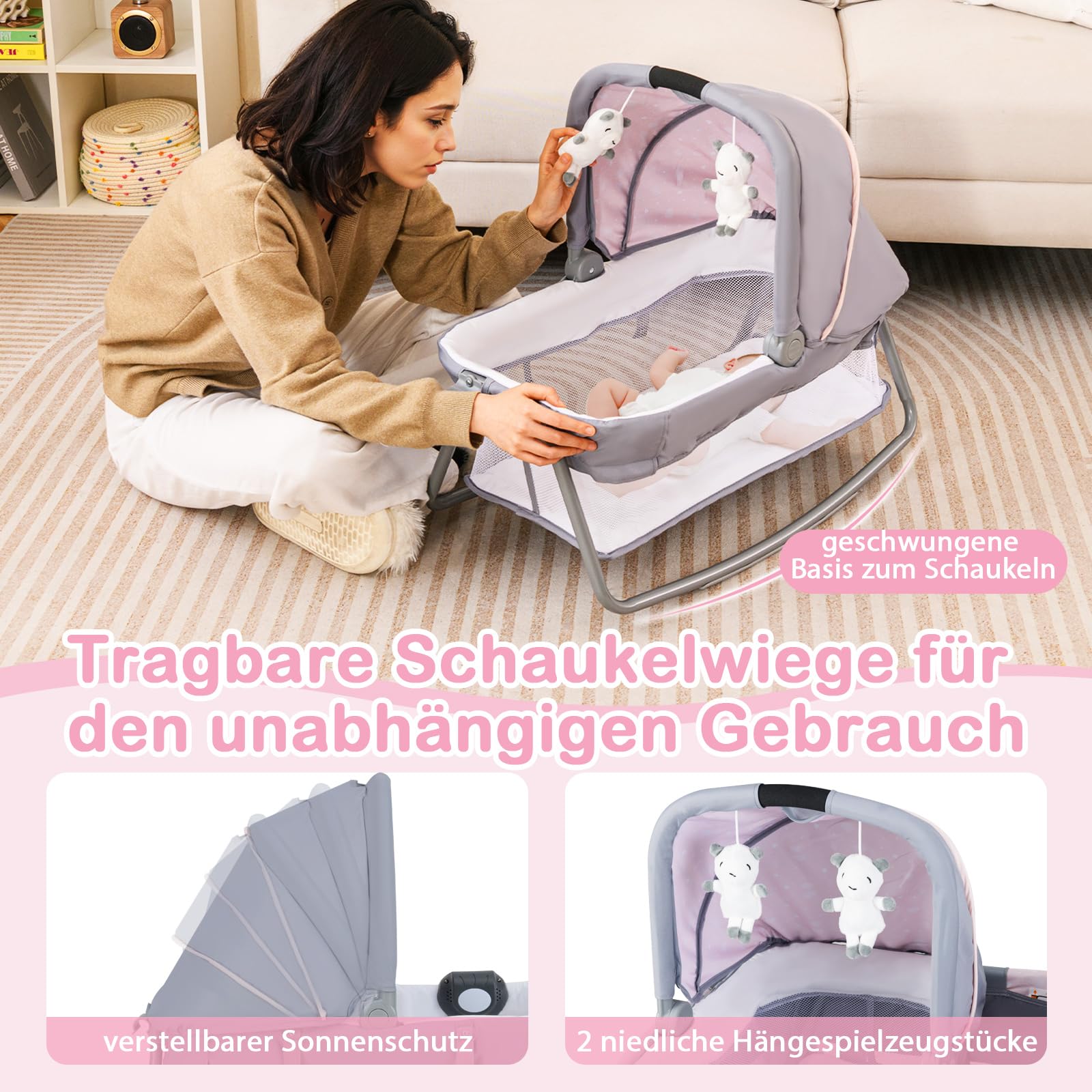 DREAMADE 5-in-1 Reisebett Baby, Beistellbett mit Matratze, Wickelauflage, Rollen & Tragetasche, Babybett mit Musikbox & Hängespielzeug, für Neugeborene und Kleinkinder (Pink)
