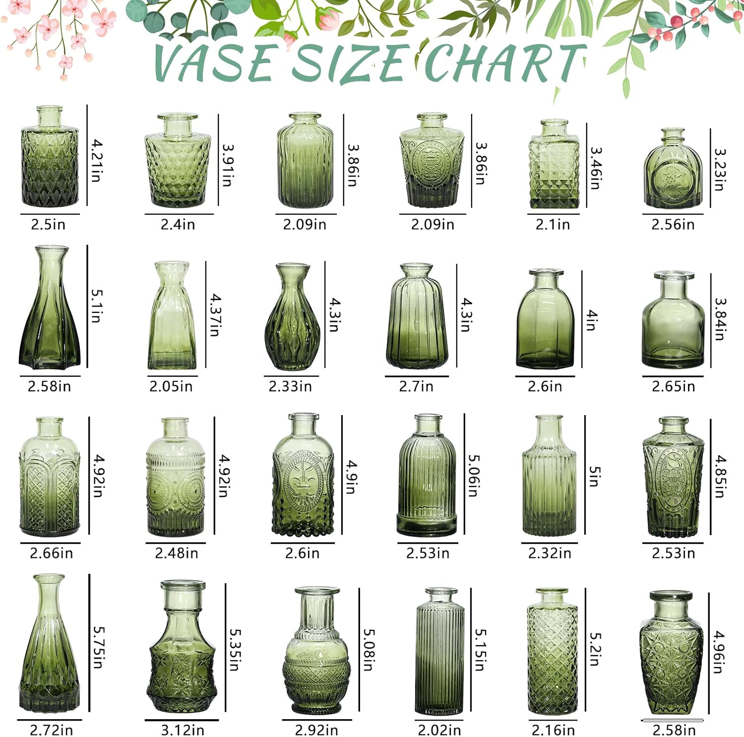 SUPMIND Bud Vase Set of 24, Green Bud Vases in Bulk, Small Flower Vases for Centerpieces, Mini Vintage Vase for Rustic Wedding, Home,Table Decoration Green 24Pcs