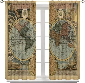 World Map Blackout Curtains,Retro Style Mid Century Historical Theme Desgin Window Curtain for Living Room Kitchen Cafe Bedroom Office Dining Room Drapes, 42x54 in