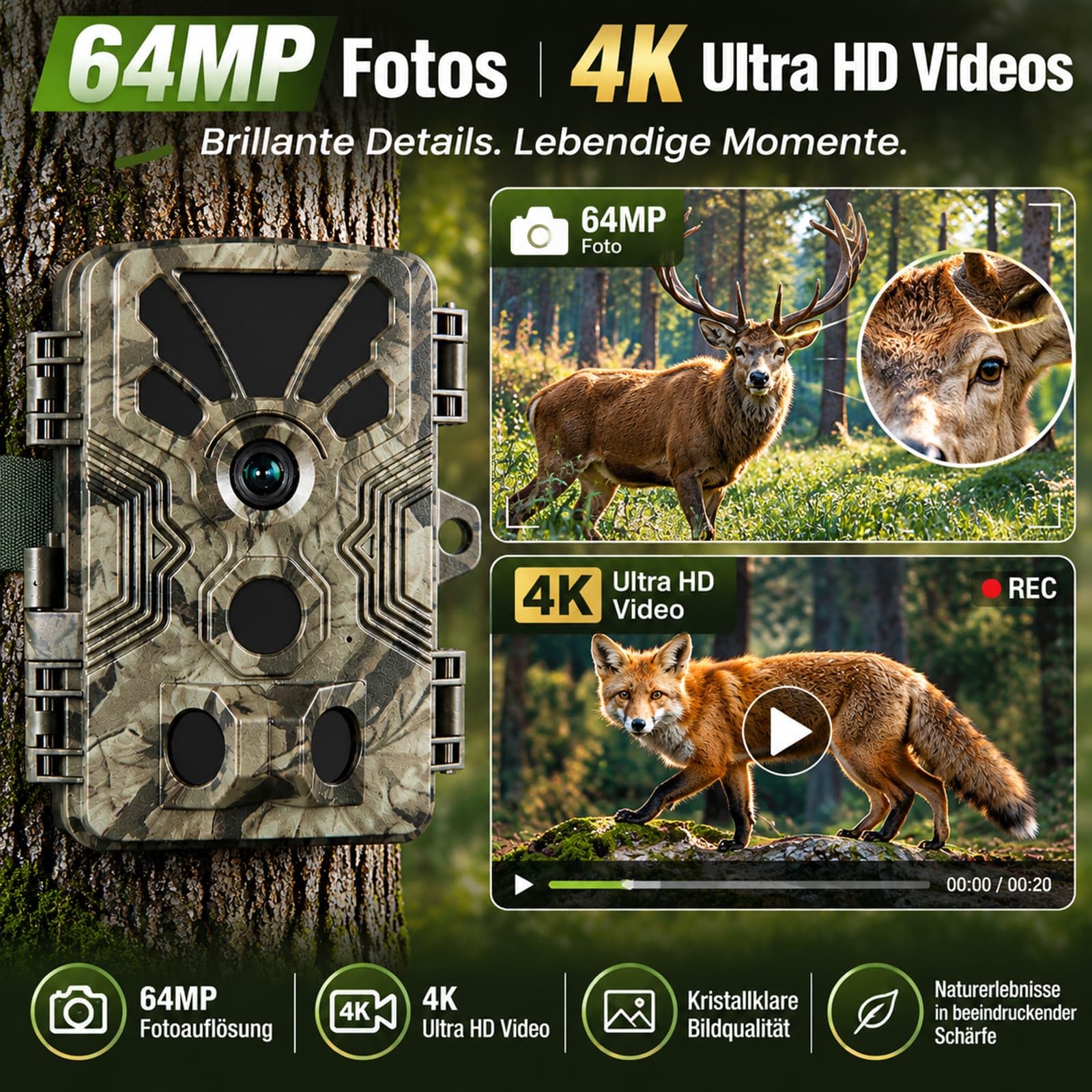 BlazeVideo Wildkamera 64MP 4K mit 0,1s Auslösezeit, 120° PIR-Erfassung, Nachtsicht, wetterfestes Gehäuse, 2,31-Zoll-LCD – Ideal für Tierbeobachtung, Jagd und Grundstücksüberwachung