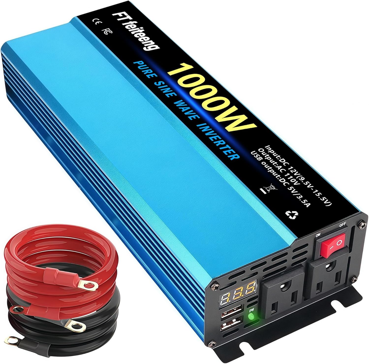 1000W Pure Sine Wave Inverter, 12V to 110V DC to AC Converter with LED Display and Dual AC Socket & 5V 3.4A USB for Car Truck RV Home Camping