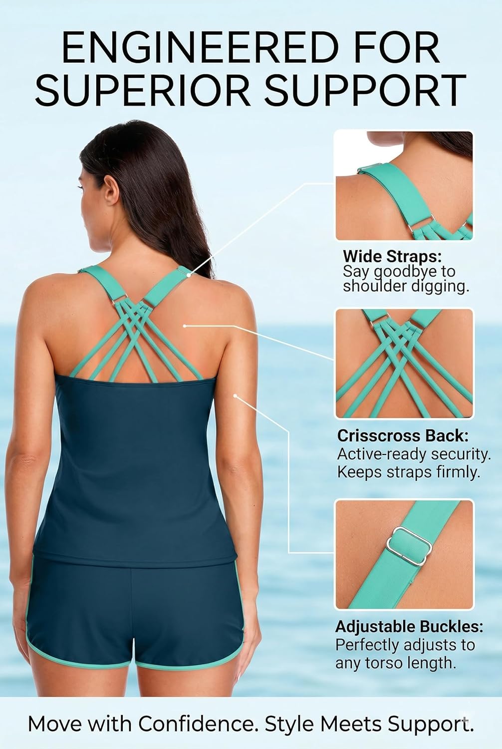 Women 2 Piece Tankini Swimsuit with Pockets Boy Shorts Modest Bathing Suit Tummy Control Tank Top