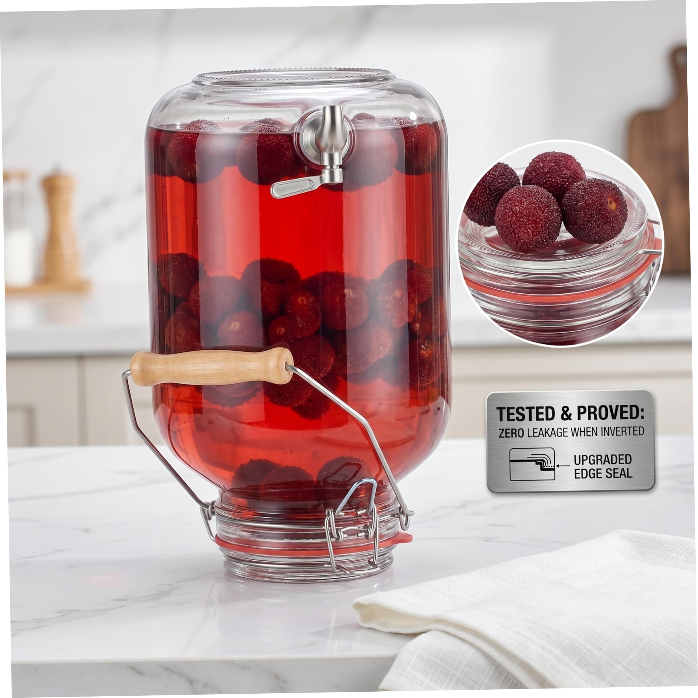Dispensador de bebidas de vidrio, jarra de agua de 5 litros con espiga y mango de bambú, dispensador de bebidas para fiestas, transparente