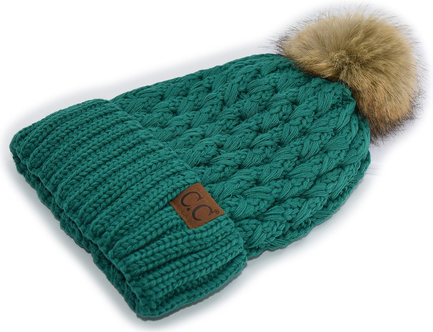 C.C Beanie Women’s Thick Cable Knit Faux Fuzzy Fur Pom Lattice Crossover Fuzzy Lined Skull Cap Cuff Beanie - Image 3