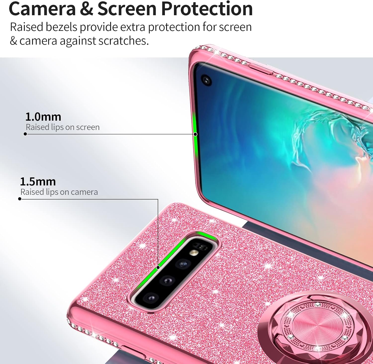 OCYCLONE Compatible with Samsung Galaxy S10 Case, Glitter Cute Diamond Cover with Ring Stand, Protective Phone Case with Kickstand Compatible for Samsung S10 Case for Women Girls 6.1 inch - Pink