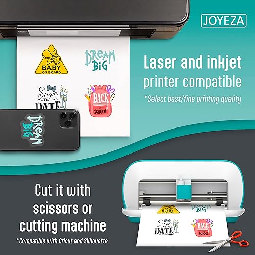 Miniatura 7 de JOYEZA Papel adhesivo de vinilo imprimible de alta calidad para impresora de inyección de tinta, 25 hojas brillantes + 25 hojas translúcidas, blanco