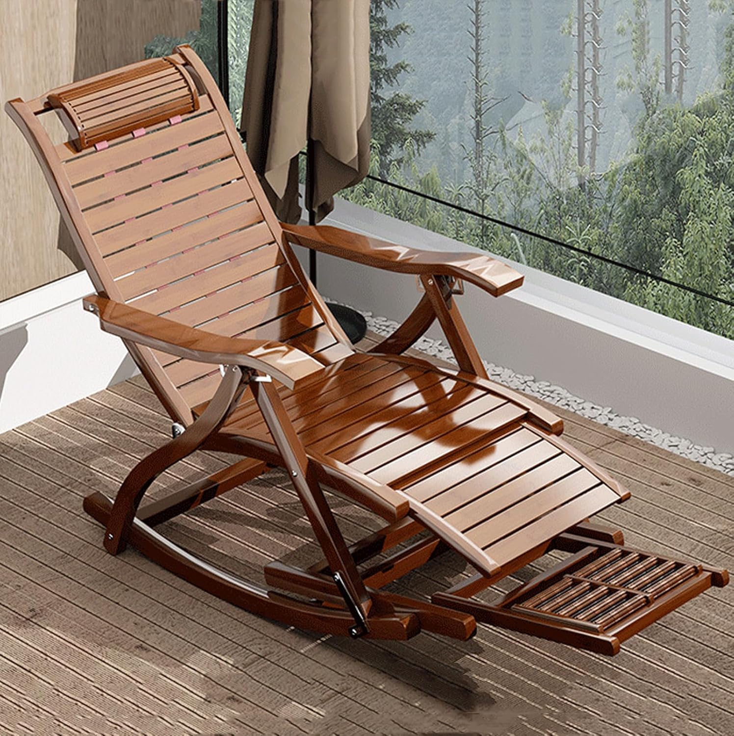 Foldable Deck Chair, Terrace Outdoor Folding Wooden Deck Chair, Garden Poolside Terrace Portable Sunbathing Rocking Chair