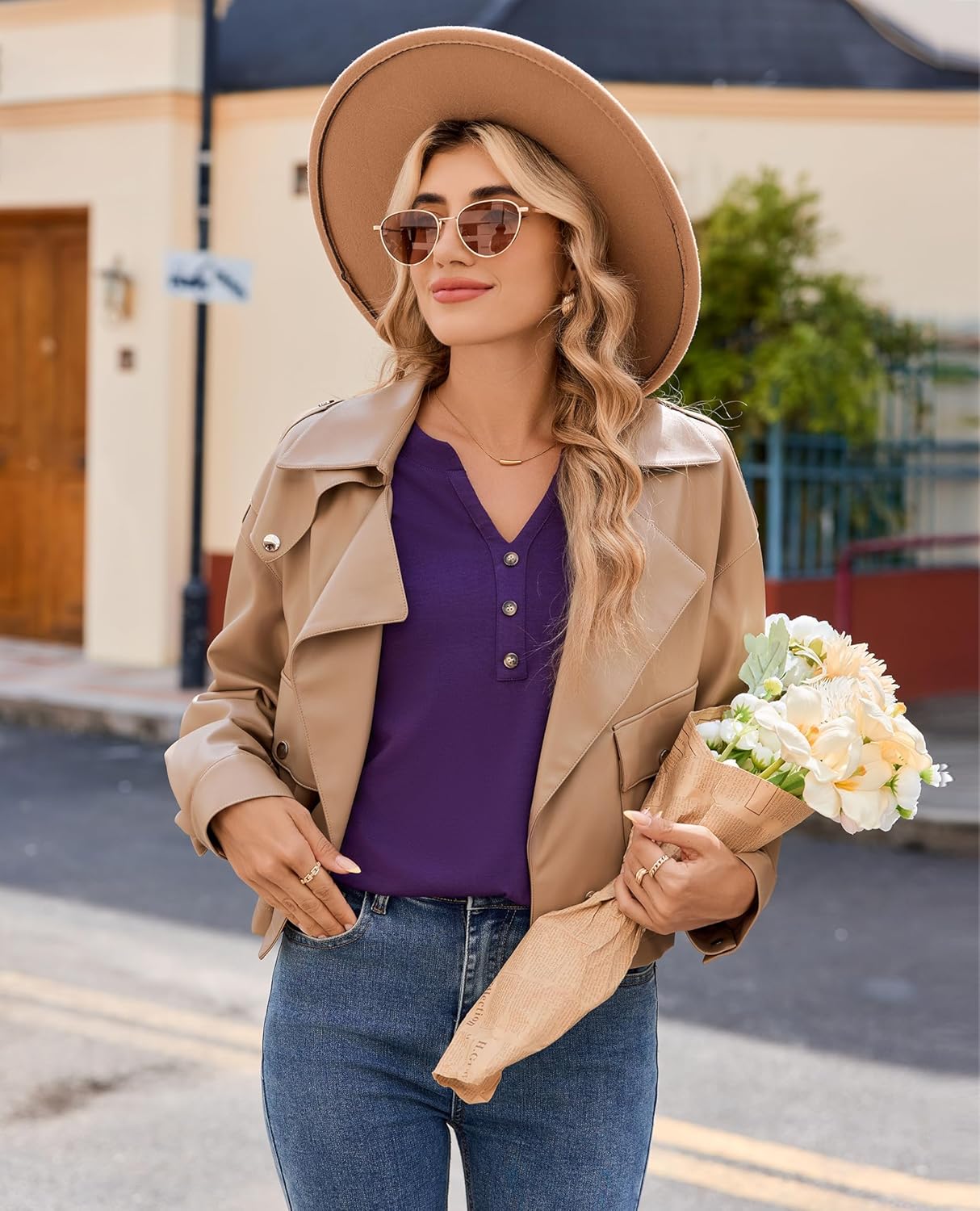 Womens Tunic Tops Dressy Casual Long Sleeve Henley V Neck Shirts for Women Button Up Blouse - Image 2