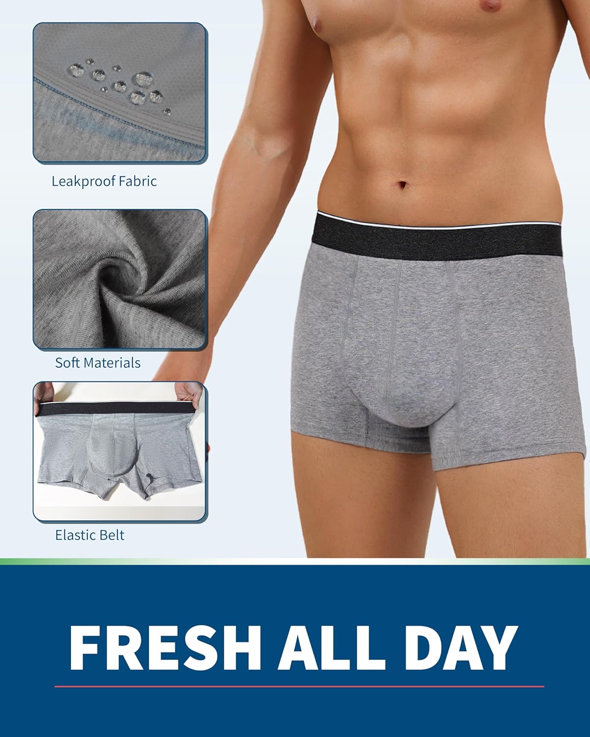 Mens Incontinence Underwear Washable, 2.3 oz Leak Proof Absorbent Odor Neutralization Briefs for Bladder Leak 2 Pack(Gray, XL) - Image 4