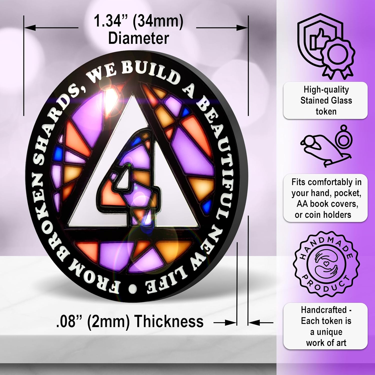 Stained Glass 4 Year AA Chip Sobriety Coin Medallion, Fragments to Freedom Alcoholics Anonymous Addiction Recovery Anniversary Token, Inspirational Sober Gifts for Men and Women by the Token Shop
