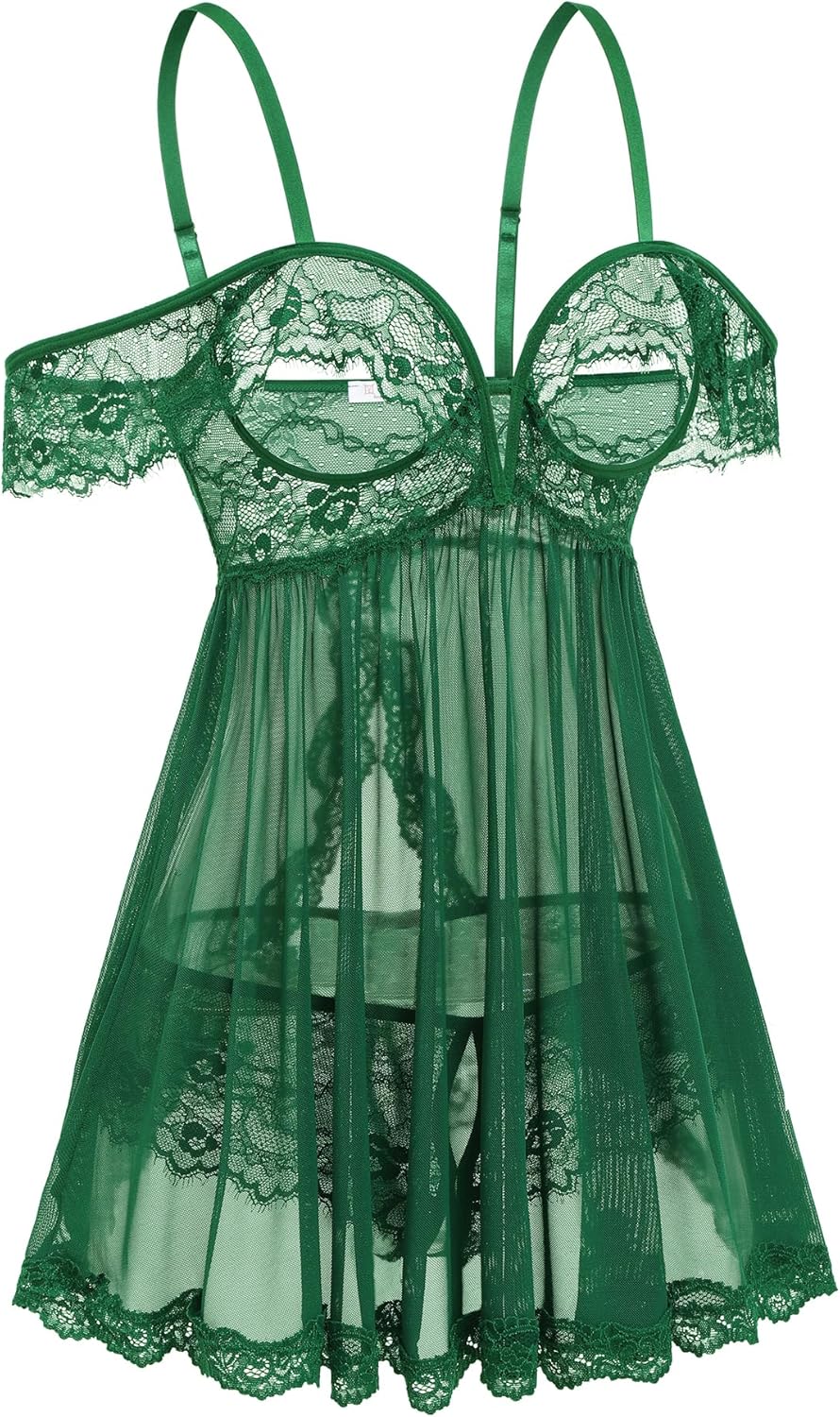 Avidlove Sexy Cut Out Off Shoulder Sheer Mesh Lace Wireless Babydoll Lingerie Dress with Thong 2 Piece - Image 4