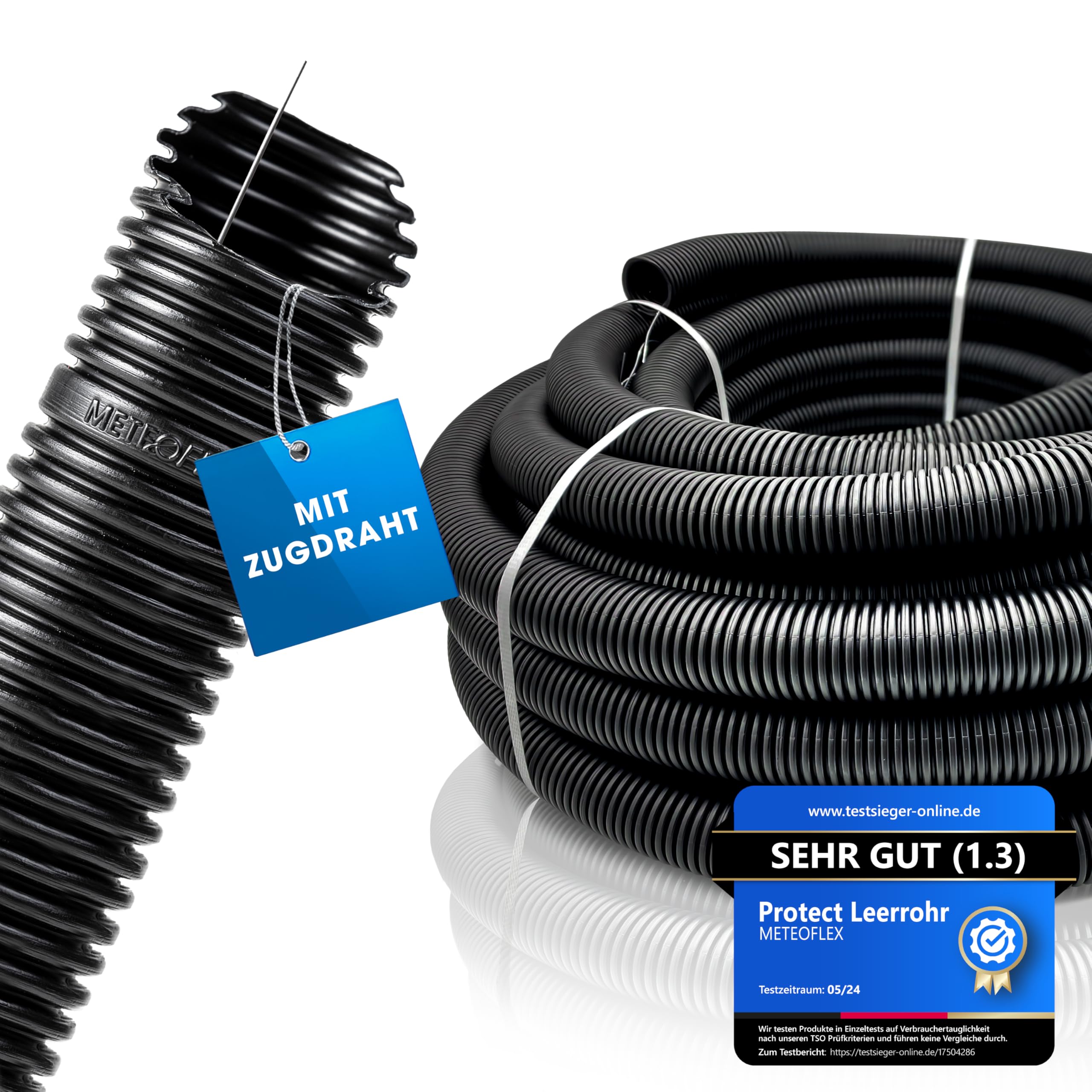 METEOFLEX PROTECT Leerrohr mit Zugdraht/Einzughilfe 750N M20 / M25 / M32 / M40 / M50 aus HDPE - Wellrohr für Erdreich, Erdverlegung, Außenbereich, Beton - hohe Druck- & Schlagfestigkeit (M40-25m)