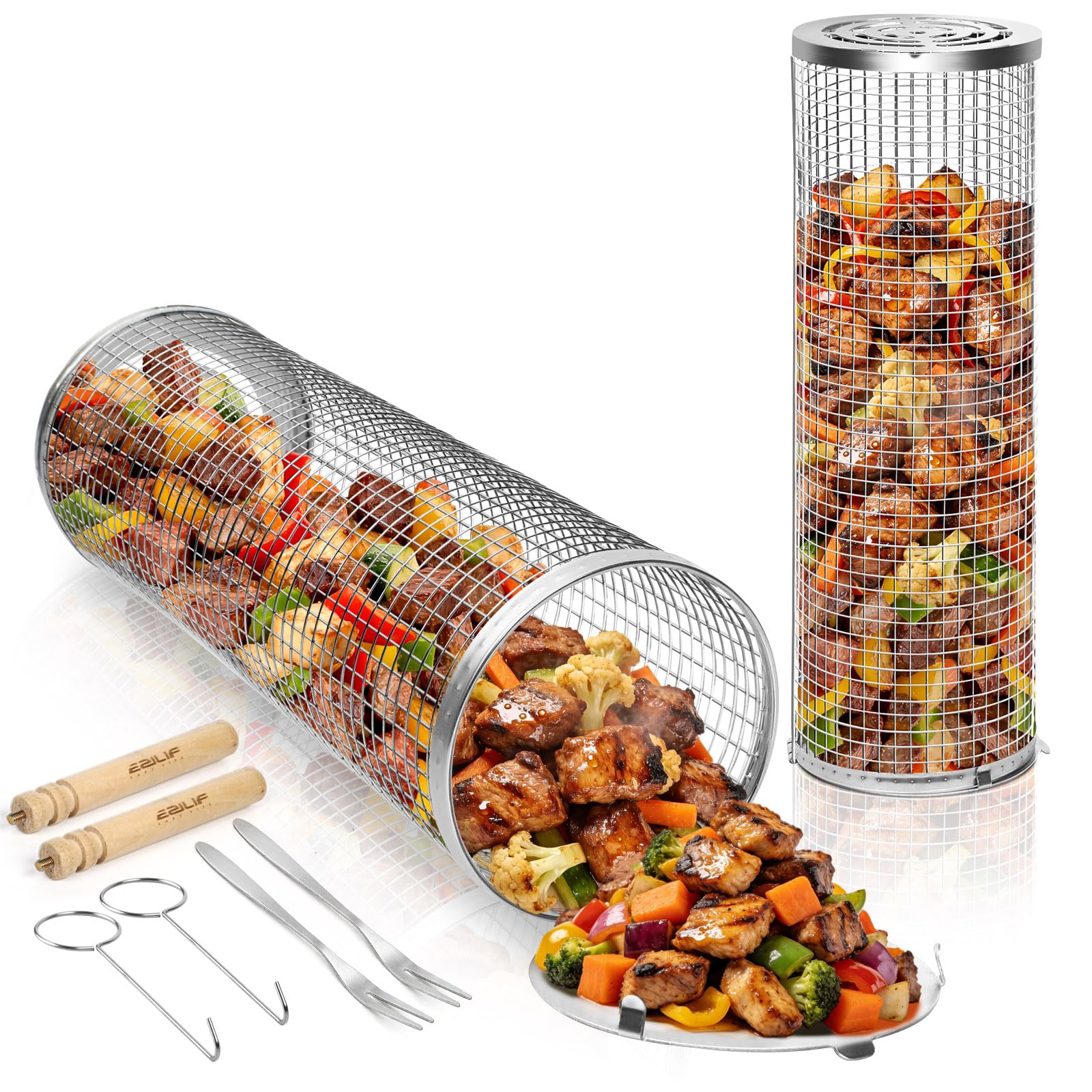 Ezilif 2PCS Rolling Grill Baskets, 304 Stainless Steel BBQ Accessories with Removable Wooden Handle & Nesting Net, Outdoor Grill Rack for Veggies Meat Prawns, Birthday Gifts for Men Dad Husband