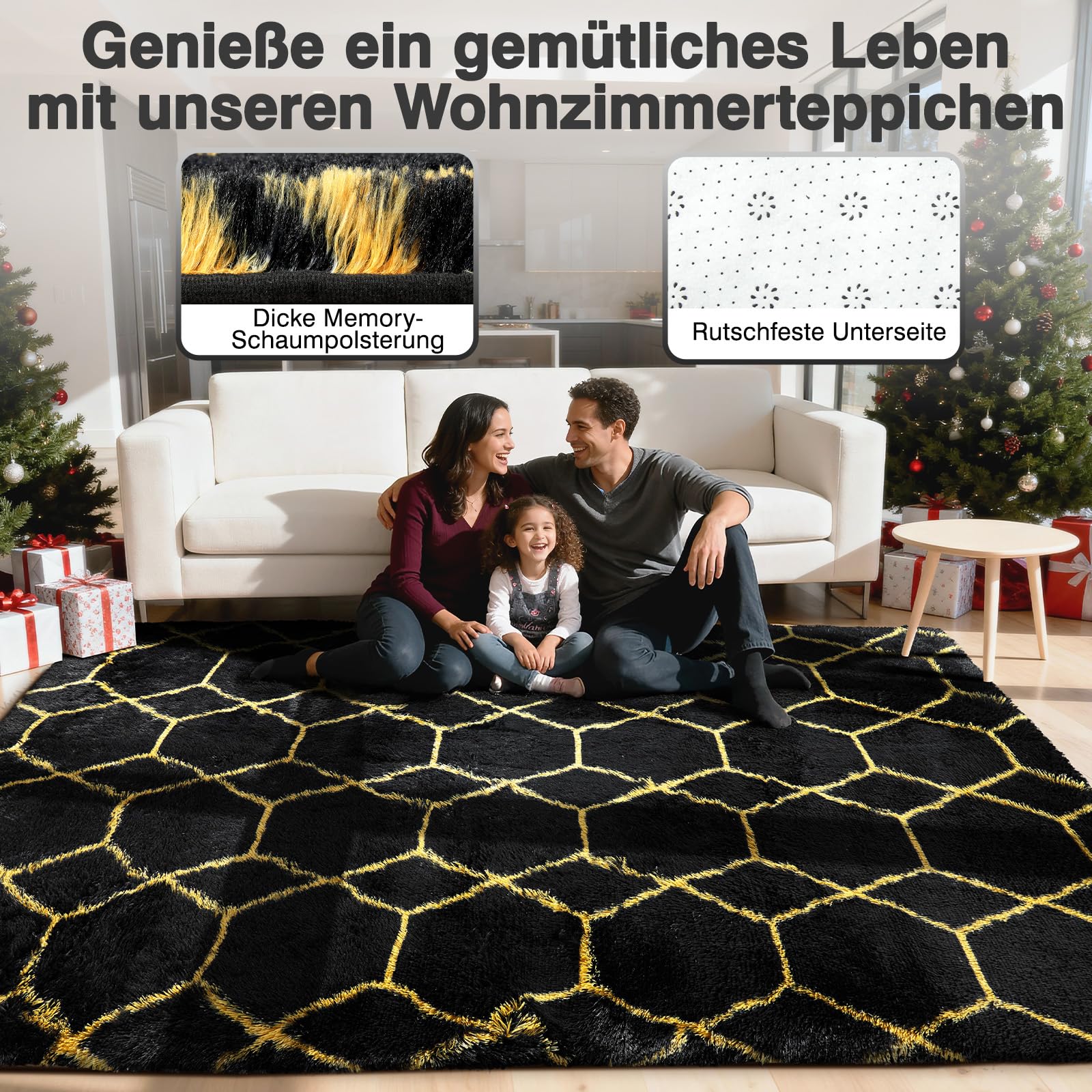 Hochflor Teppich Wohnzimmer 200x300 cm, Schwarz Gold Geometrisch