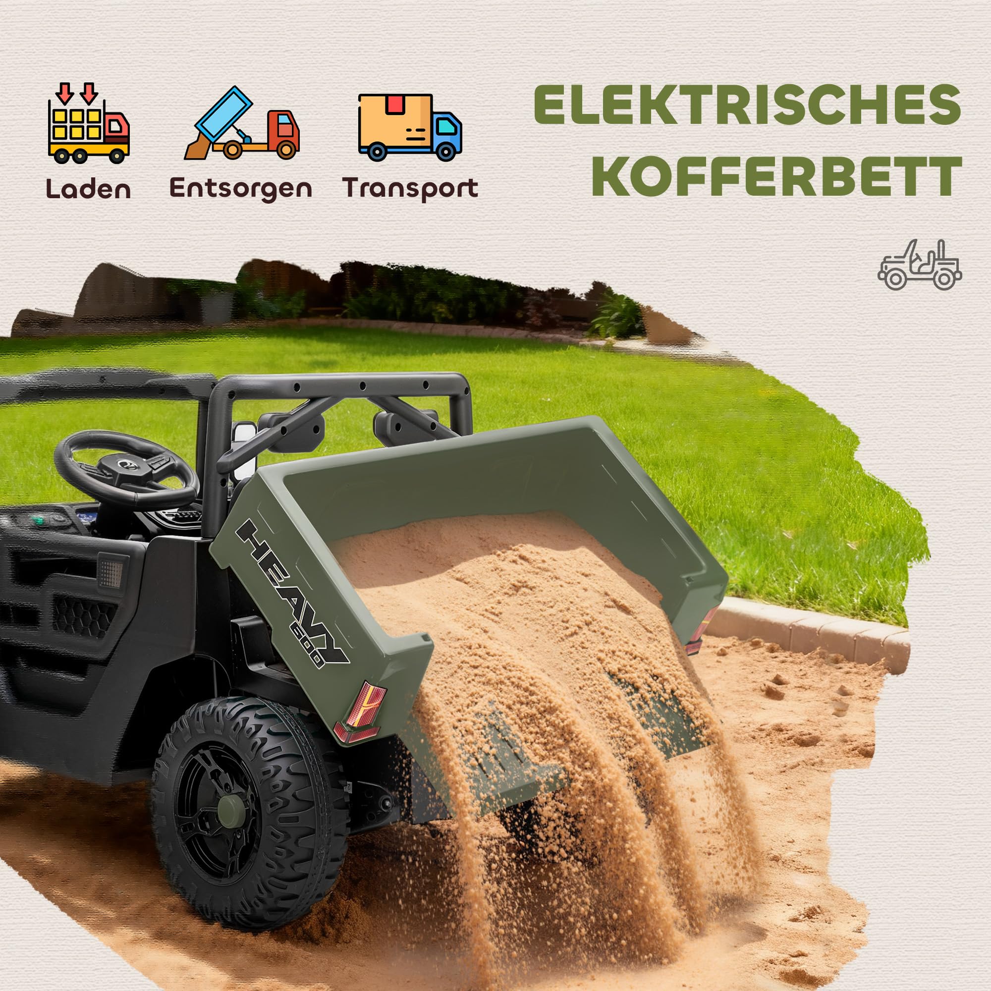 AIYAPLAY Kinder Elektroauto 12V UTV mit 2,4 GHz Fernbedienung 2 Motor Grün | Kinderauto, Kinderfahrzeug, Softstart, Federungssystem, Kofferraum, Musik, USB-Anschluss, Hupe, für 3-8 Jahre