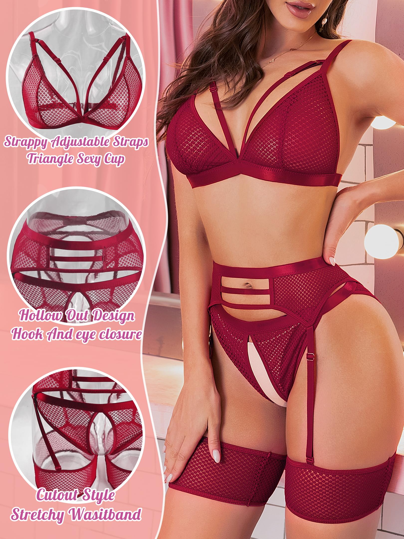 popiv Women Sexy Lingerie Set Cutout Bra and Panty Sets Garter Lingerie 4 Piece Burgundy