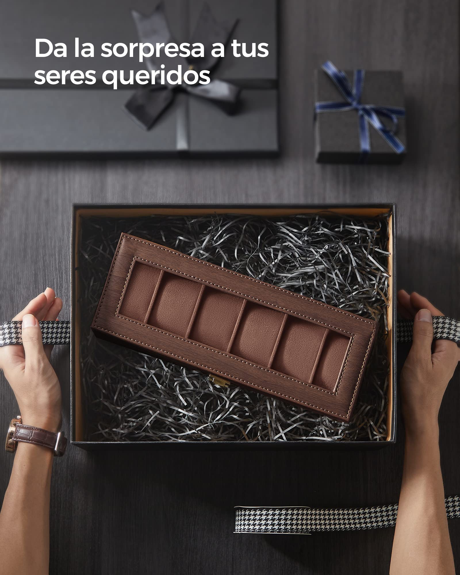 SONGMICS Caja de Relojes 6 Compartimentos, Estuche con Tapa de Cristal, Cuero Sintético Marrón JWB006K01